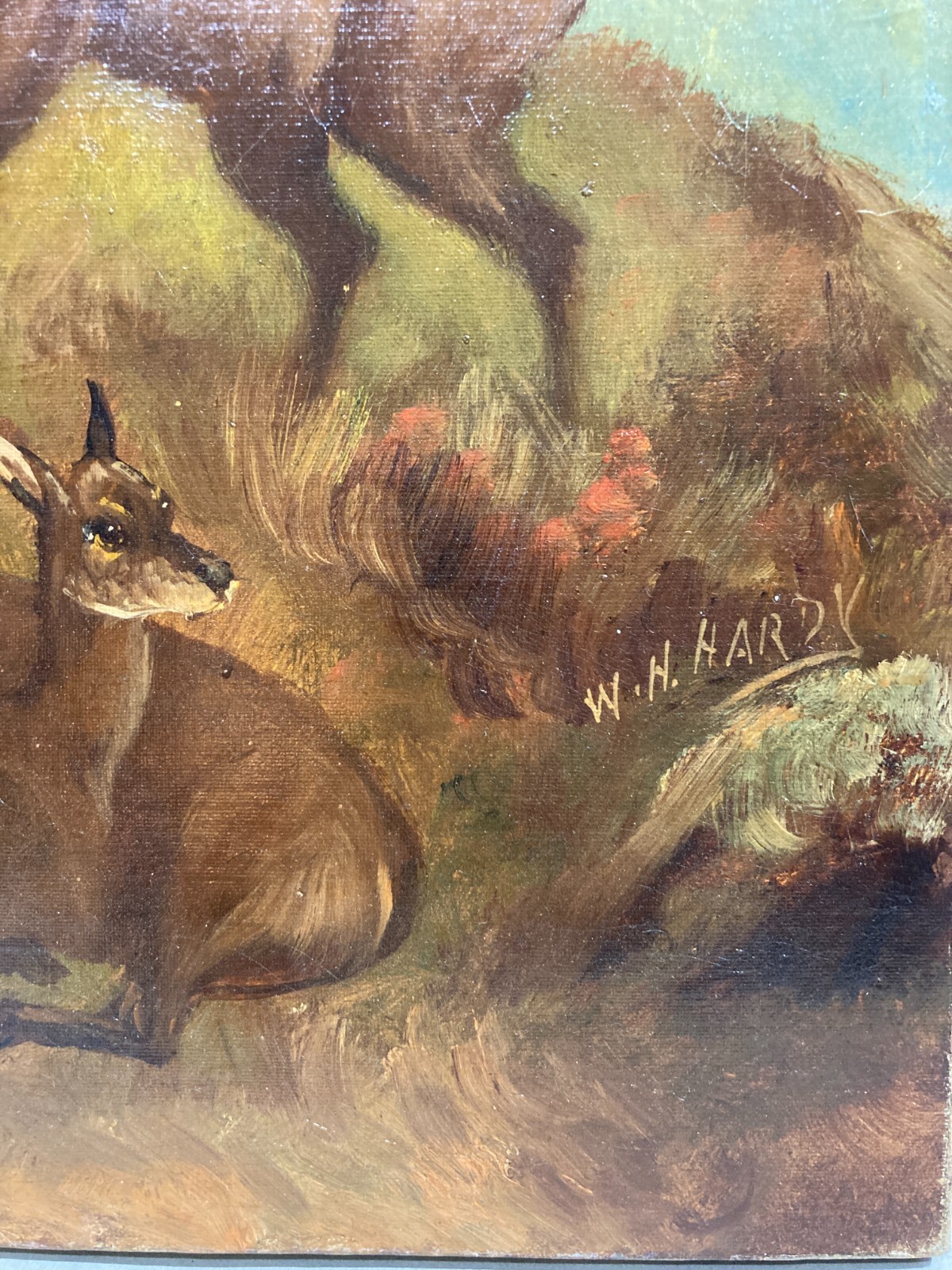 Antico Dipinto Di William Howard Hardy: Paesaggio Montano Con Cervi, Fine XIX Secolo