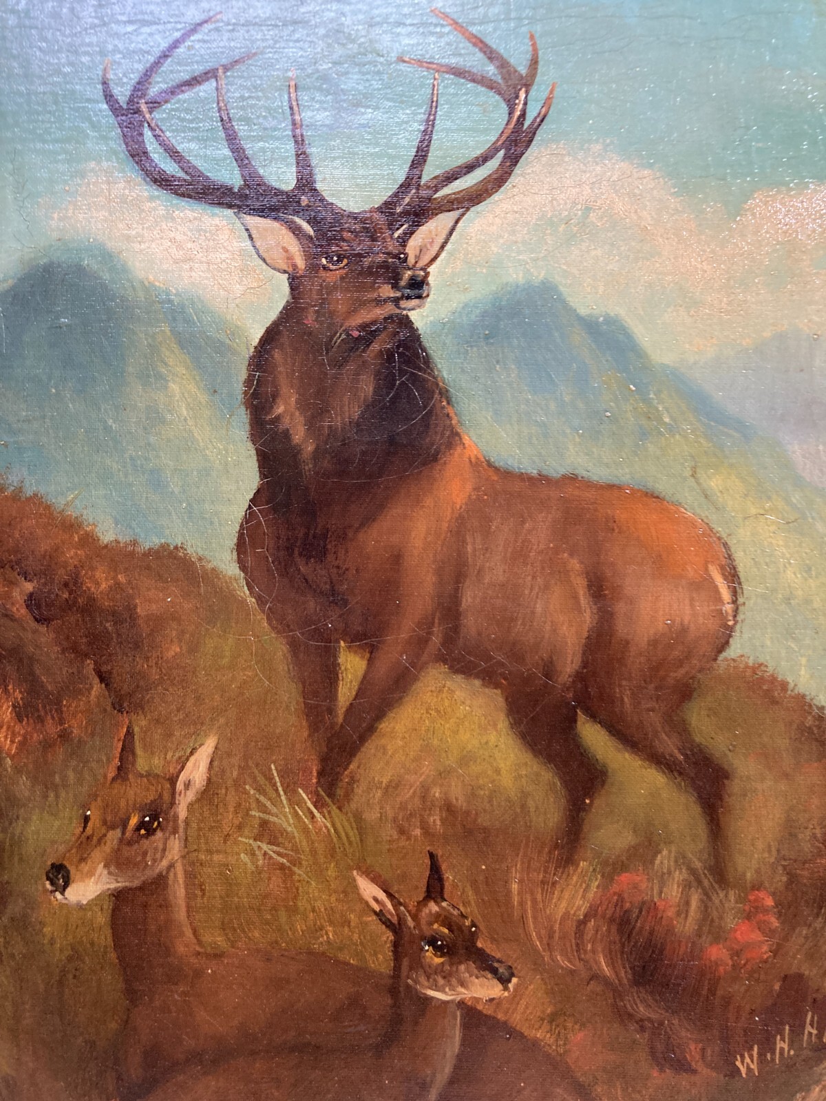 Antico Dipinto Di William Howard Hardy: Paesaggio Montano Con Cervi, Fine XIX Secolo