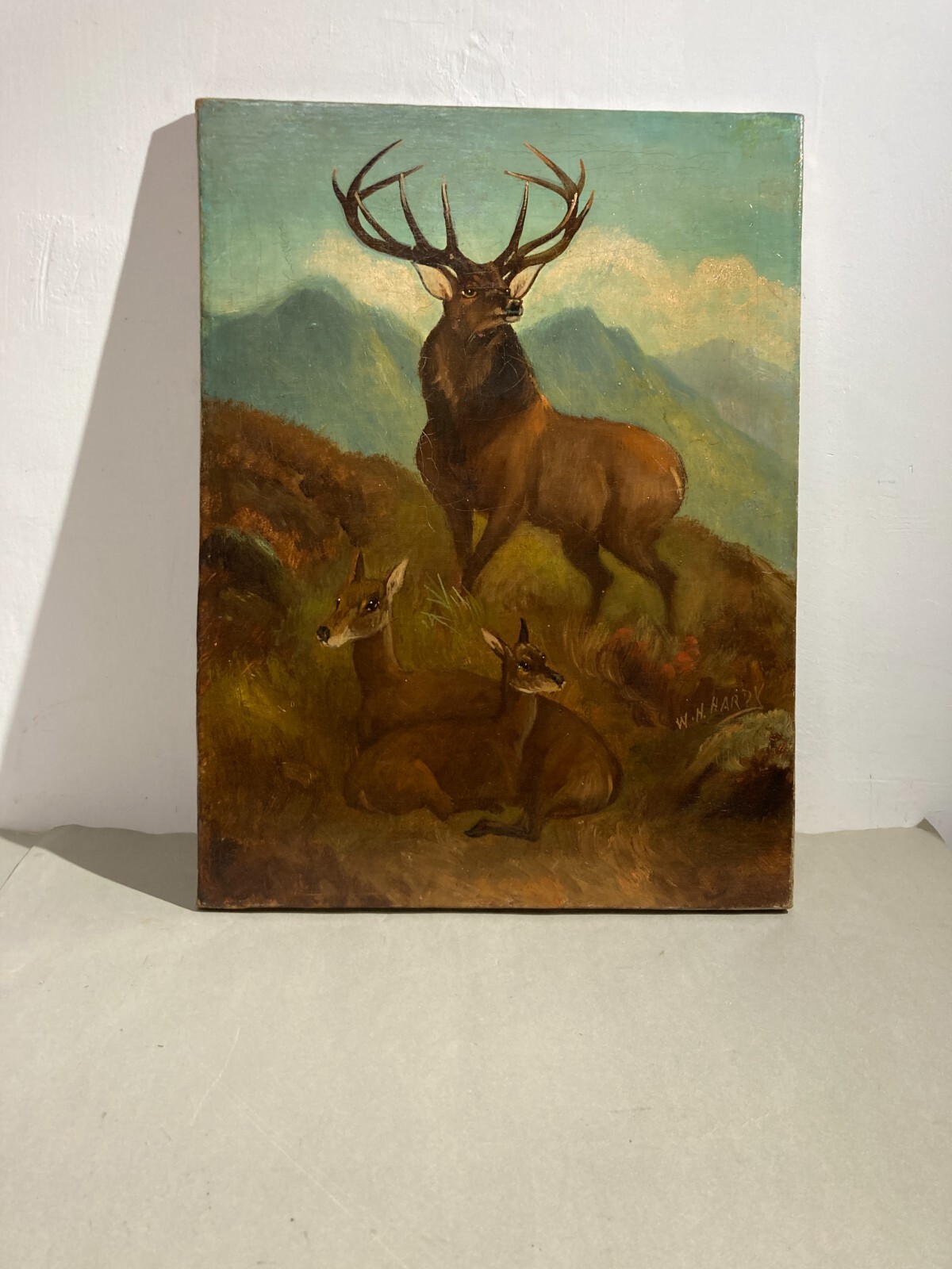 Antico Dipinto Di William Howard Hardy: Paesaggio Montano Con Cervi, Fine XIX Secolo