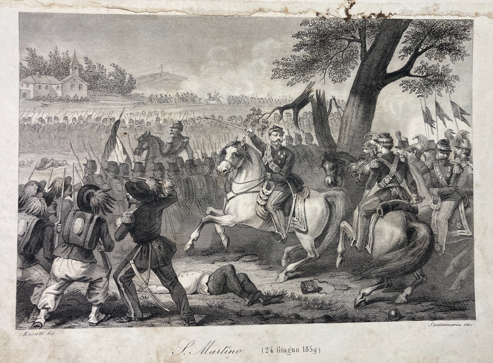 Militaria: Risorgimento, Battaglia Di San Martino. Antica Incisione Di Santamaria, XIX Secolo
