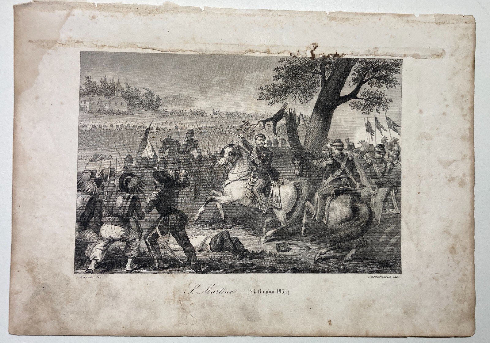 Militaria: Risorgimento, Battaglia Di San Martino. Antica Incisione Di Santamaria, XIX Secolo