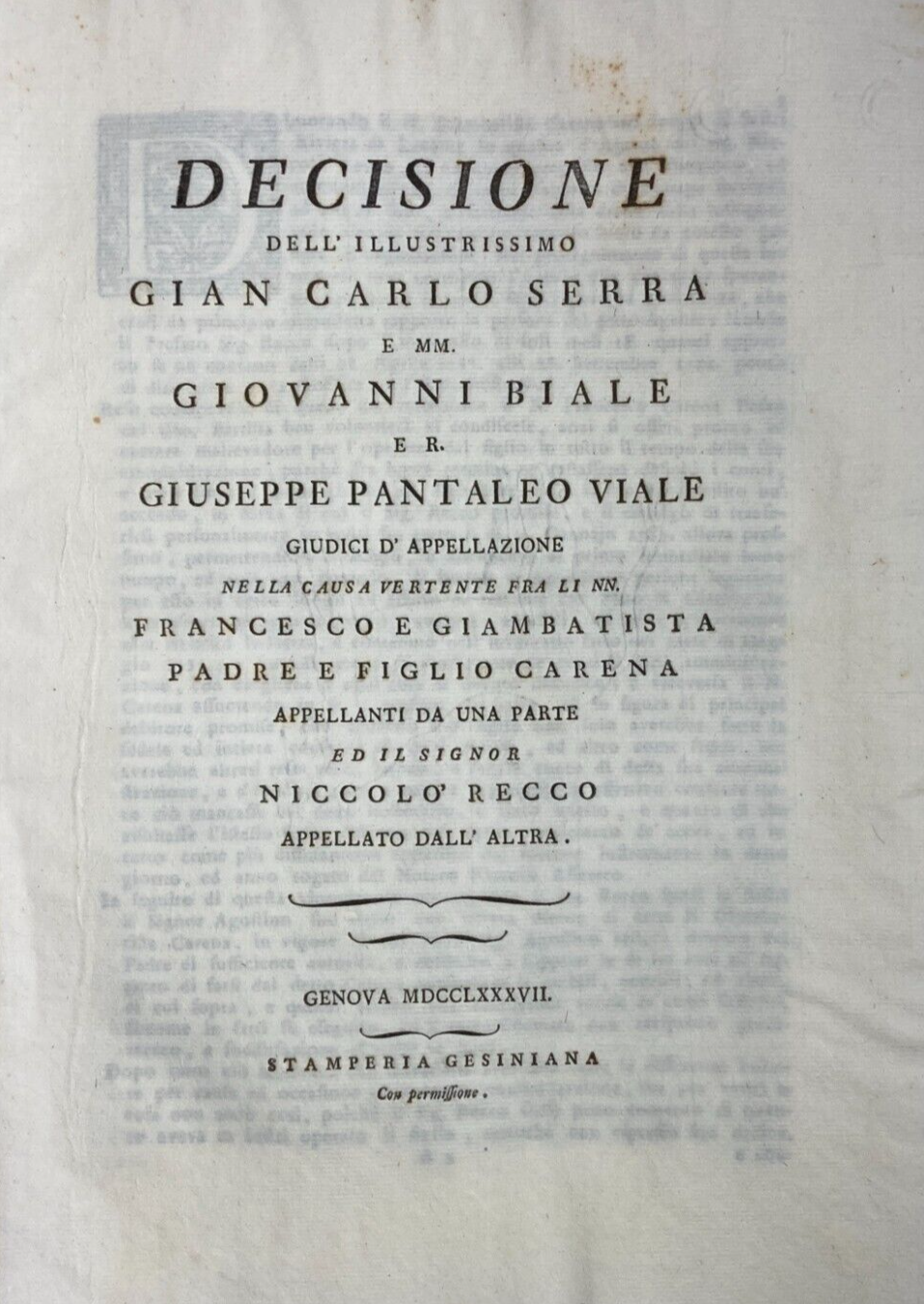 Liguria, Genova, Sestri Levante: Decisione Giuridica Carena Recco, 1787