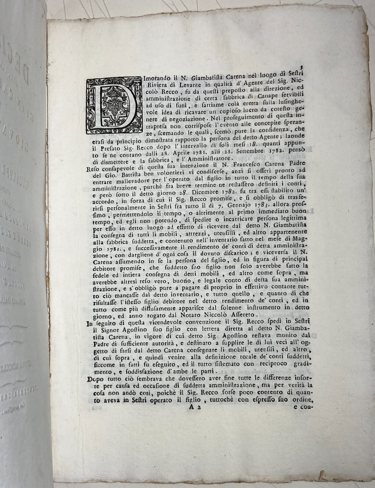 Liguria, Genova, Sestri Levante: Decisione Giuridica Carena Recco, 1787