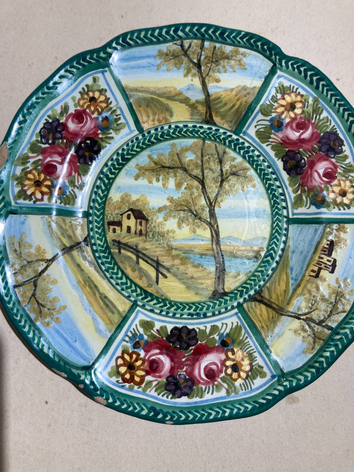 Decorativo Piatto In Ceramica, Paesaggi E Decori Floreali, Abruzzo, Bozzelli, '900