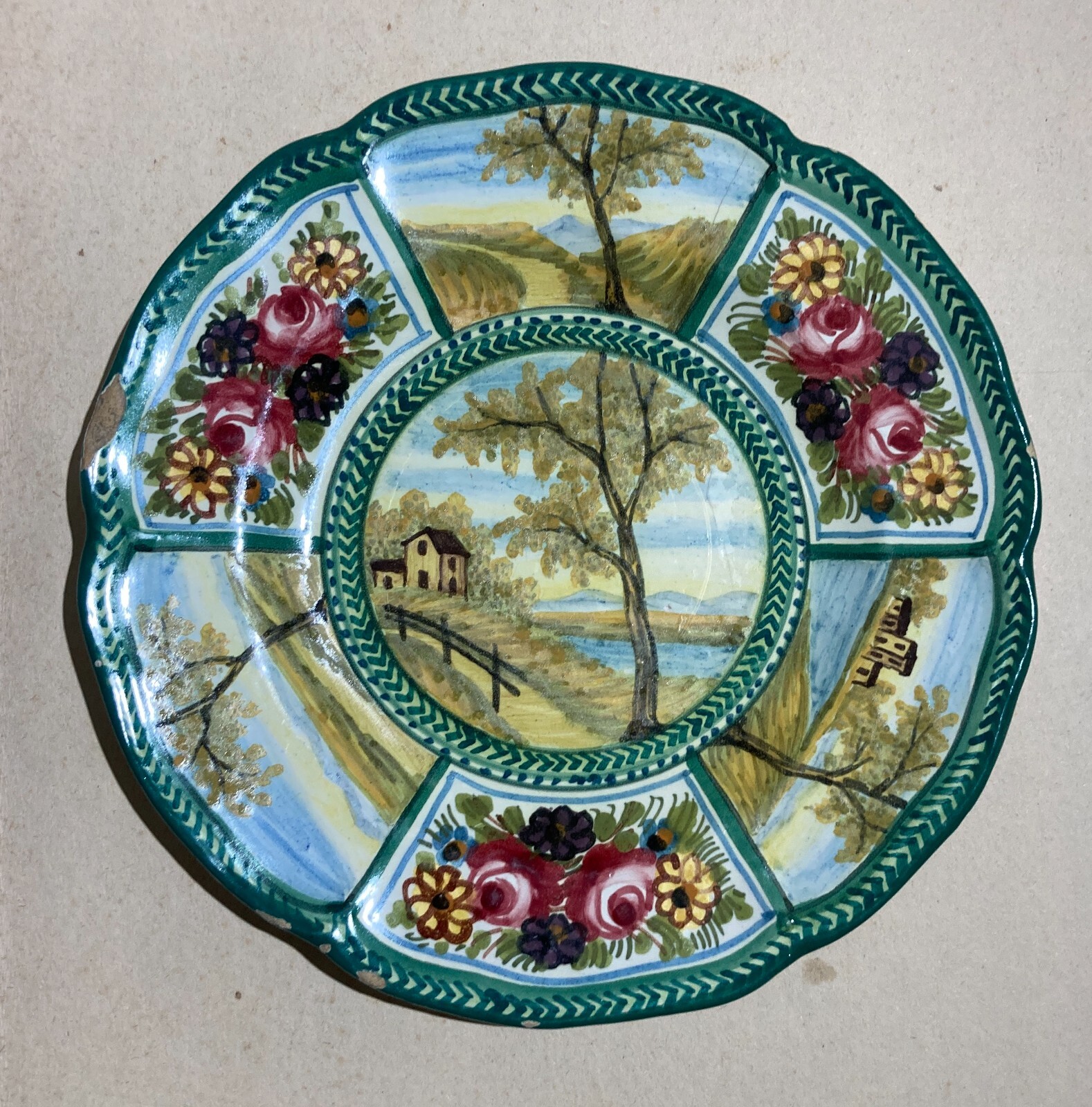 Decorativo Piatto In Ceramica, Paesaggi E Decori Floreali, Abruzzo, Bozzelli, '900