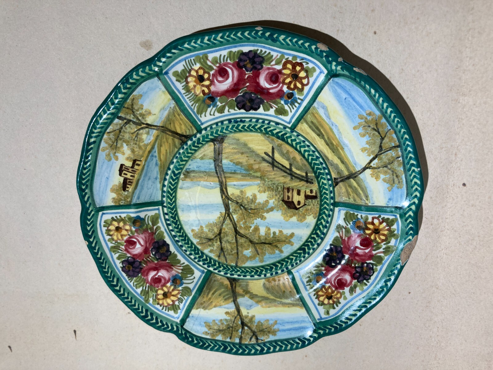 Decorativo Piatto In Ceramica, Paesaggi E Decori Floreali, Abruzzo, Bozzelli, '900