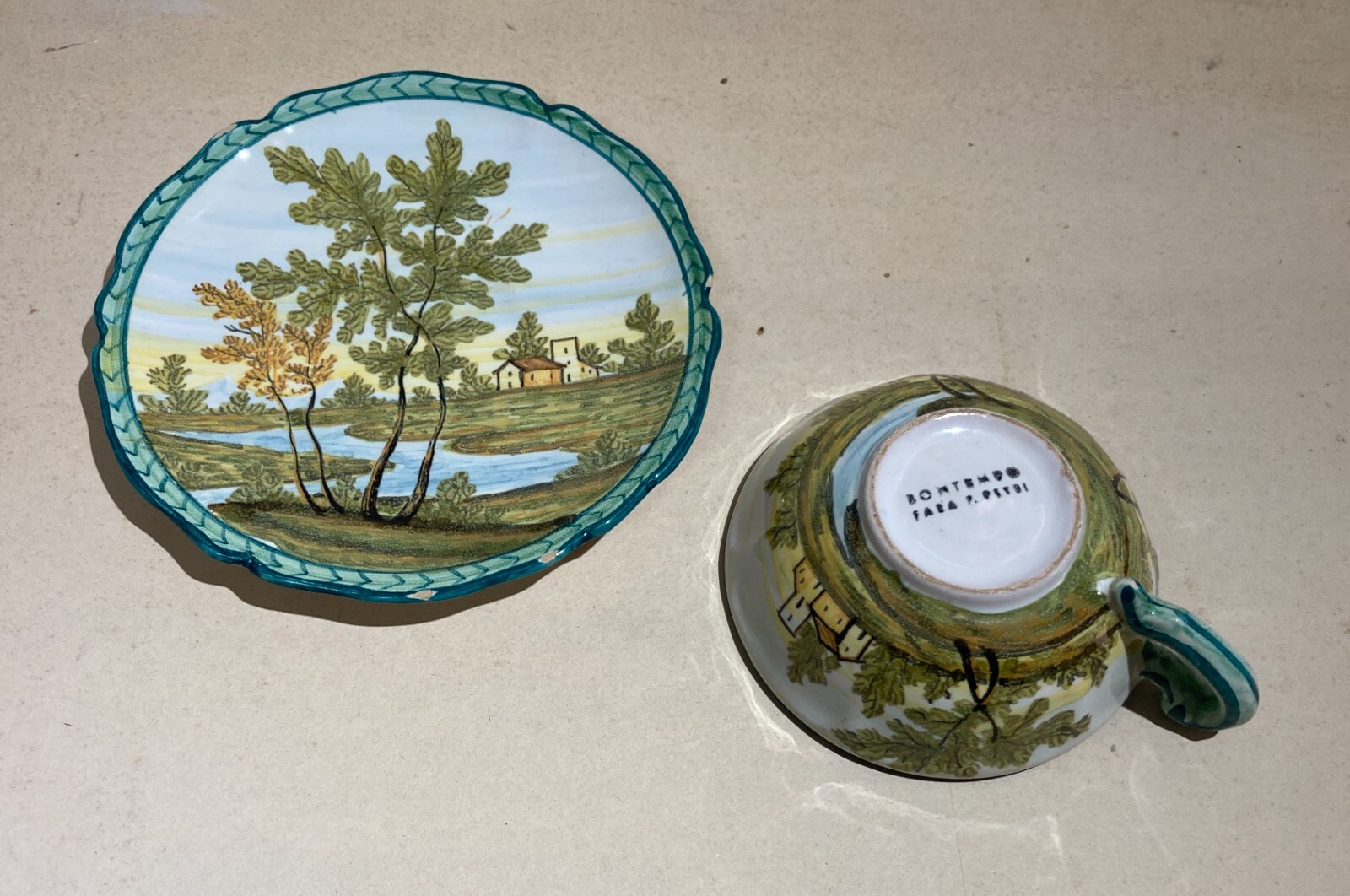 Abruzzo, Fara Filiorum Petri, Ceramiche Bontempo, Tazza Con Piattino Decorata A Mano, Paesaggi, 1930 1950