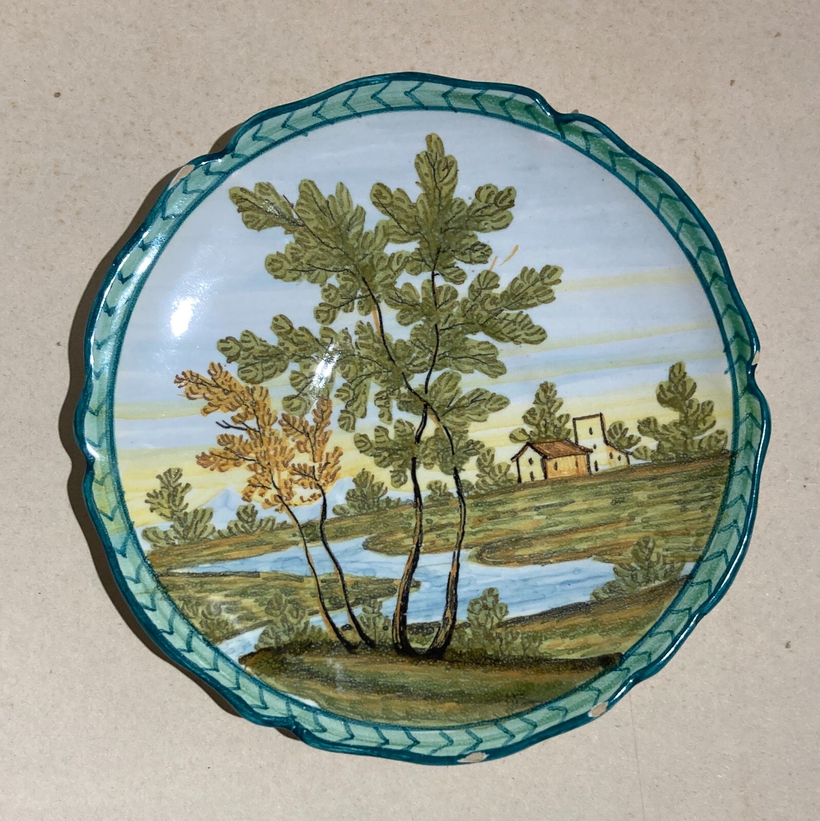 Abruzzo, Fara Filiorum Petri, Ceramiche Bontempo, Tazza Con Piattino Decorata A Mano, Paesaggi, 1930 1950