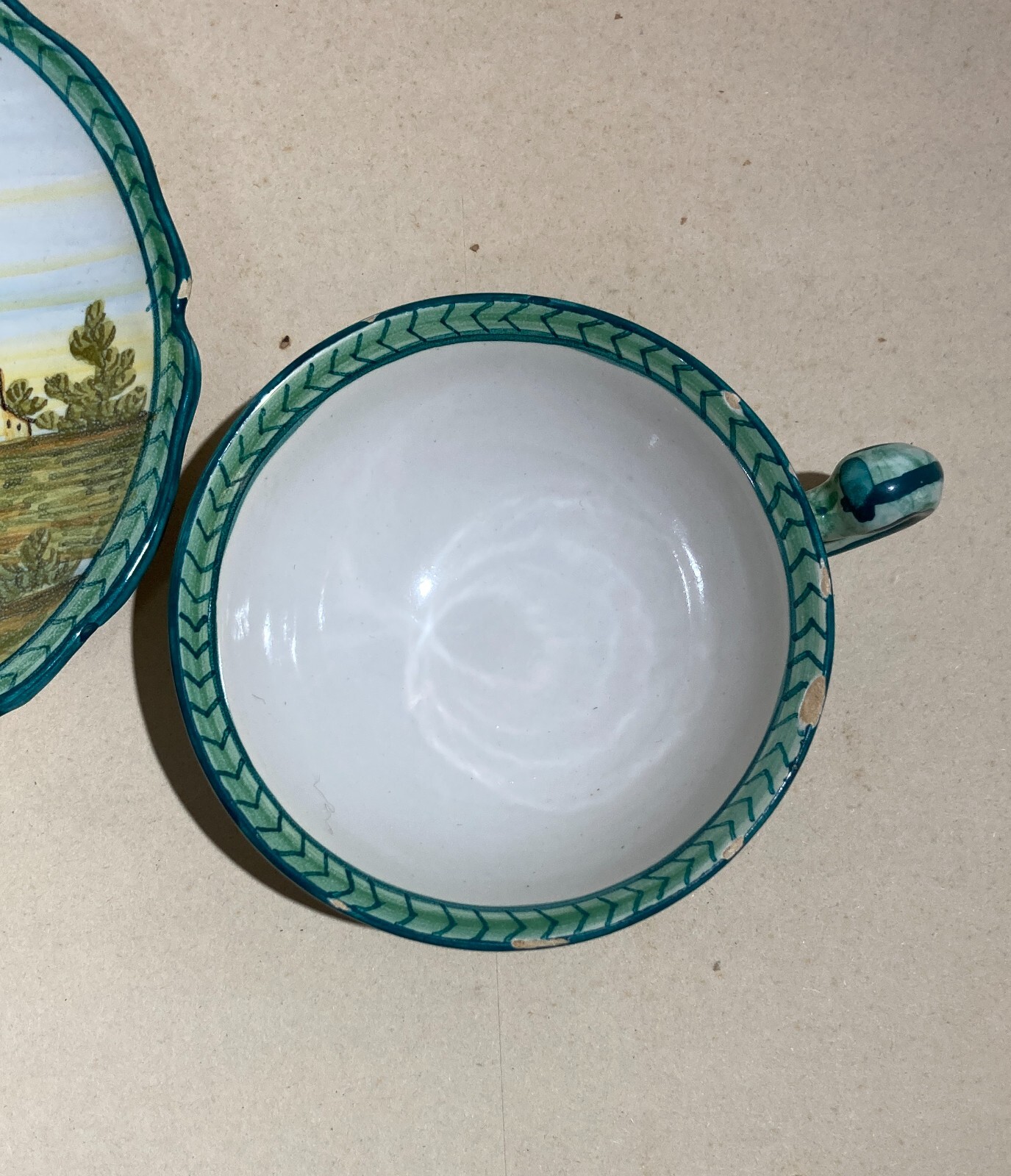 Abruzzo, Fara Filiorum Petri, Ceramiche Bontempo, Tazza Con Piattino Decorata A Mano, Paesaggi, 1930 1950