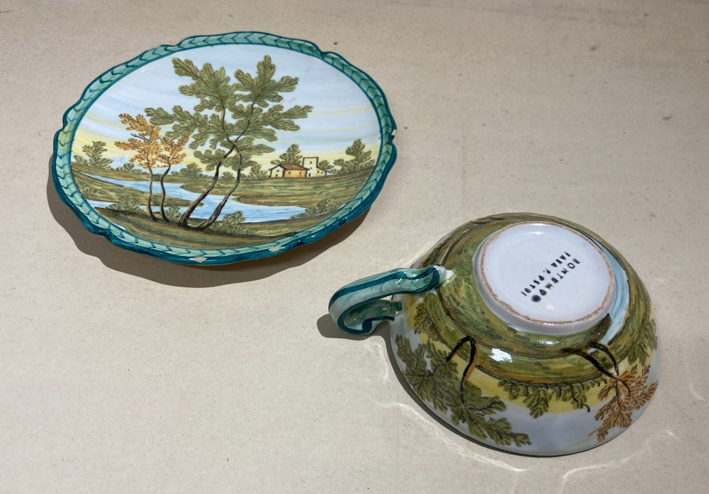 Abruzzo, Fara Filiorum Petri, Ceramiche Bontempo, Tazza Con Piattino Decorata A Mano, Paesaggi, 1930 1950