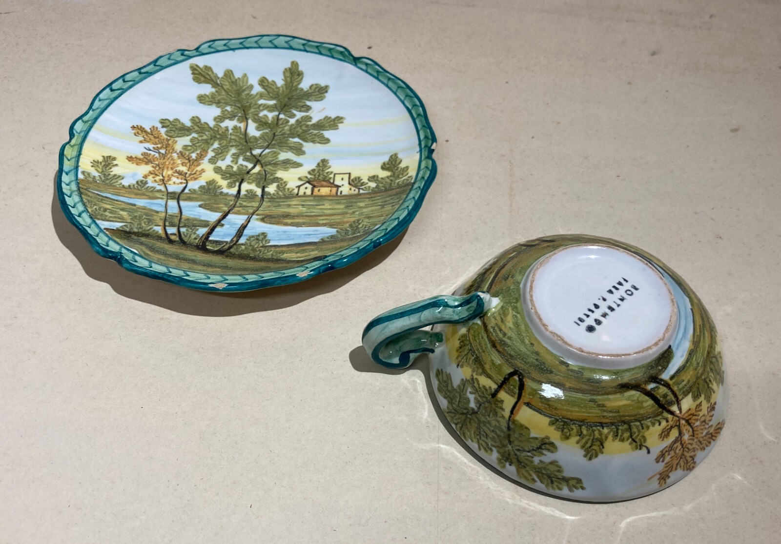 Abruzzo, Fara Filiorum Petri, Ceramiche Bontempo, Tazza Con Piattino Decorata A Mano, Paesaggi, 1930 1950