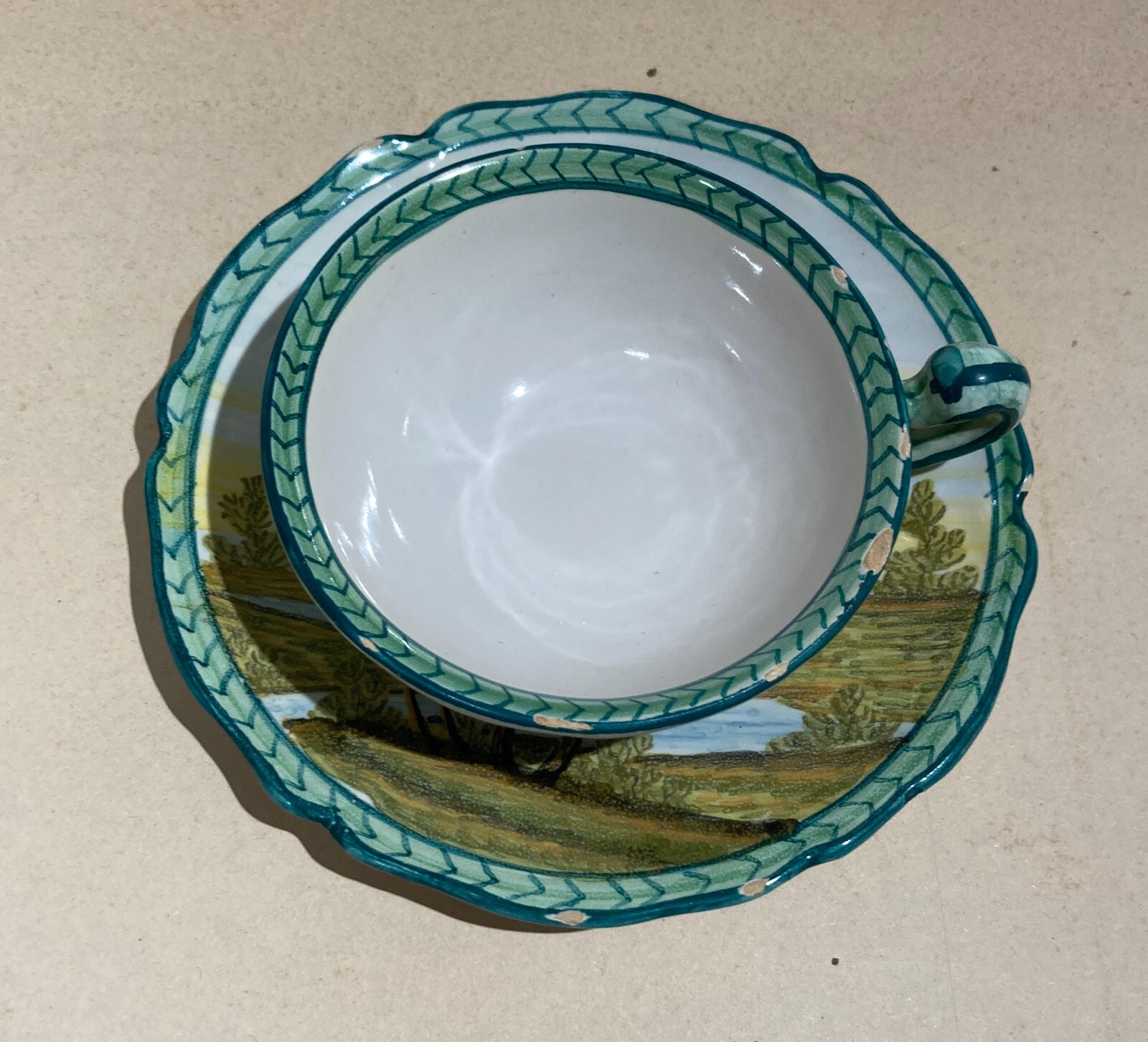 Abruzzo, Fara Filiorum Petri, Ceramiche Bontempo, Tazza Con Piattino Decorata A Mano, Paesaggi, 1930 1950