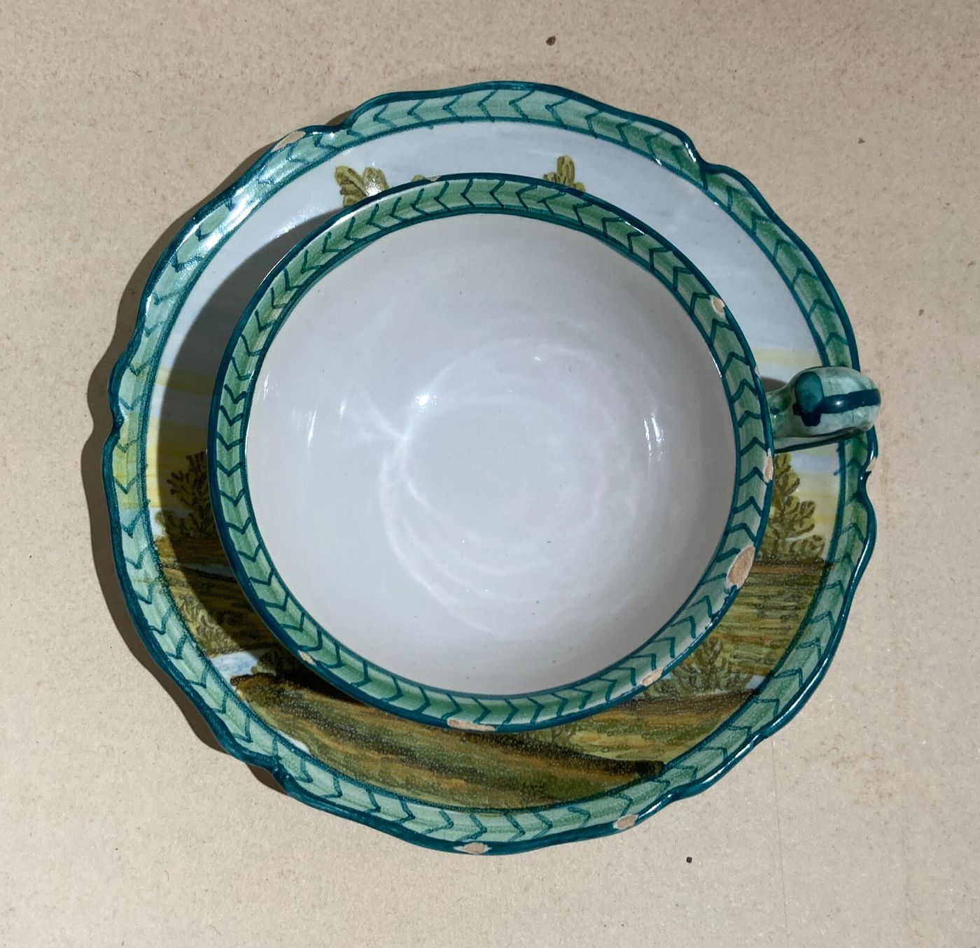 Abruzzo, Fara Filiorum Petri, Ceramiche Bontempo, Tazza Con Piattino Decorata A Mano, Paesaggi, 1930 1950