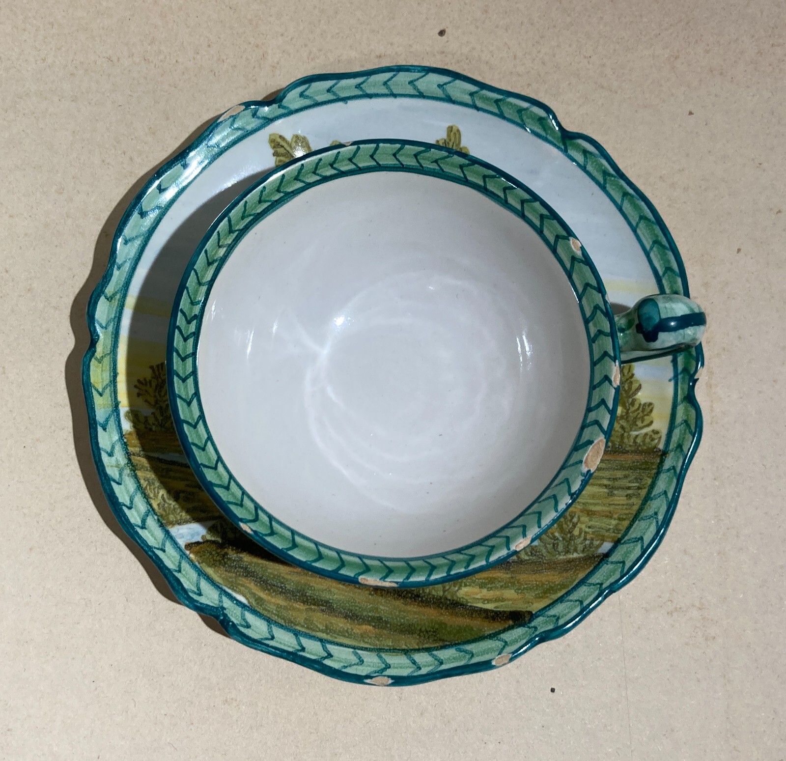 Abruzzo, Fara Filiorum Petri, Ceramiche Bontempo, Tazza Con Piattino Decorata A Mano, Paesaggi, 1930 1950