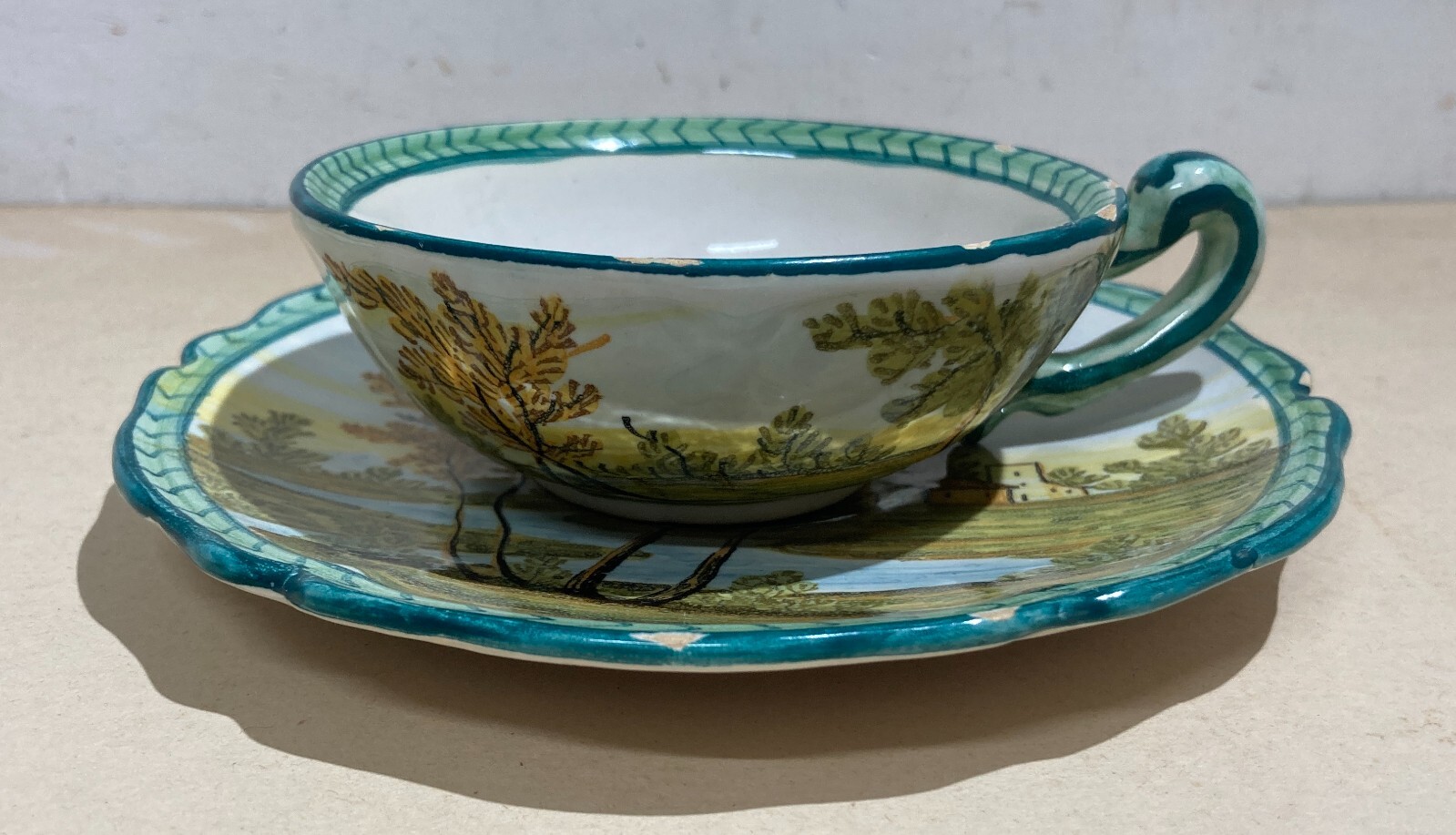 Abruzzo, Fara Filiorum Petri, Ceramiche Bontempo, Tazza Con Piattino Decorata A Mano, Paesaggi, 1930 1950