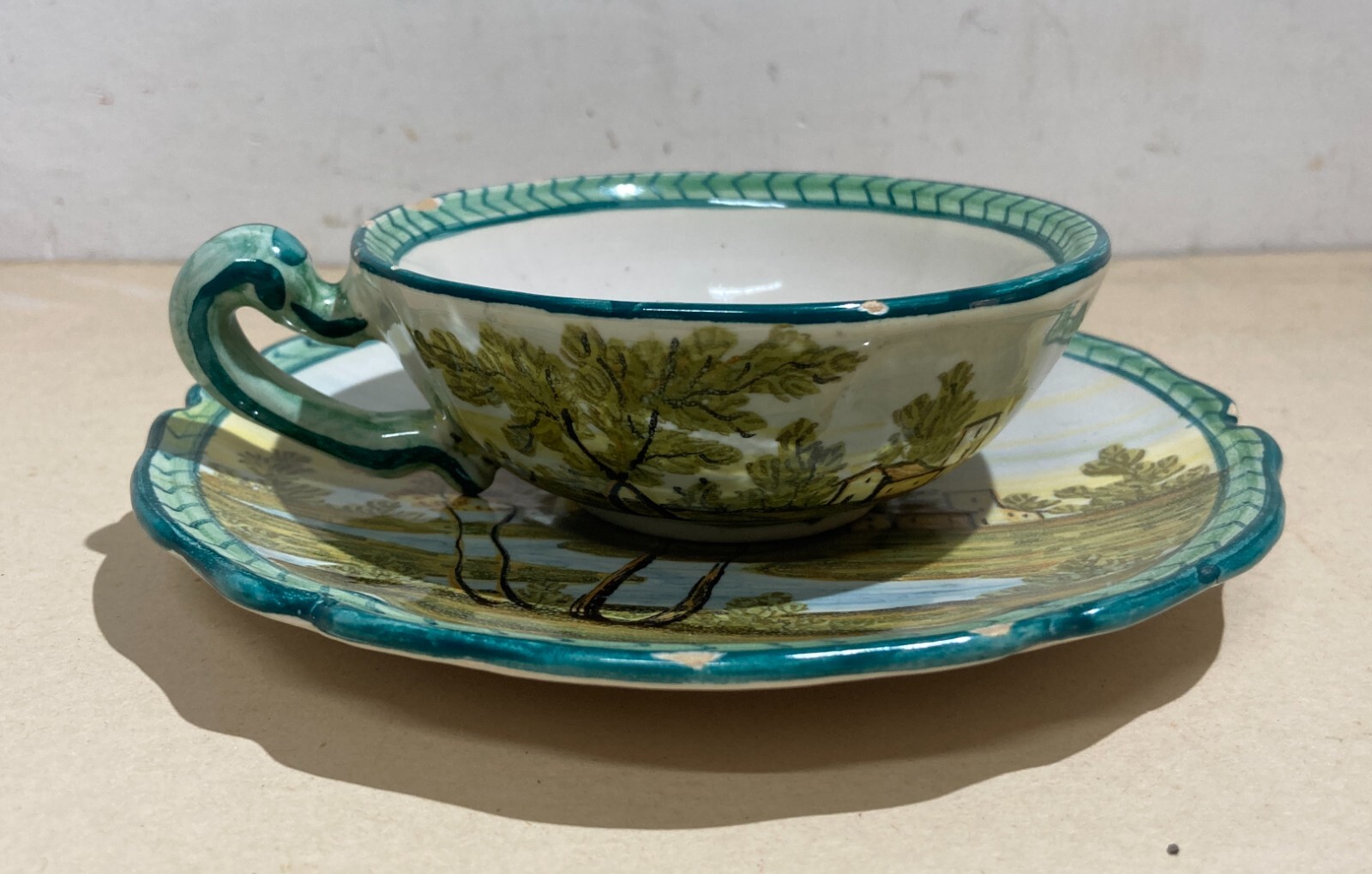 Abruzzo, Fara Filiorum Petri, Ceramiche Bontempo, Tazza Con Piattino Decorata A Mano, Paesaggi, 1930 1950