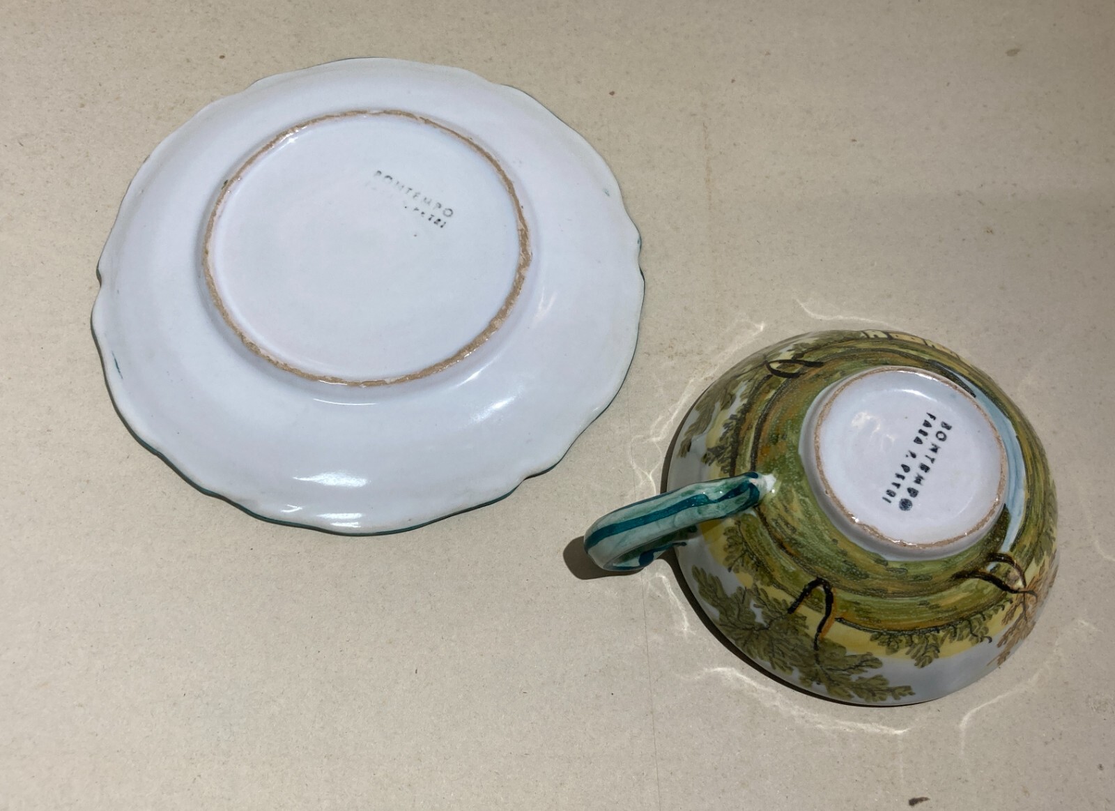 Abruzzo, Fara Filiorum Petri, Ceramiche Bontempo, Tazza Con Piattino Decorata A Mano, Paesaggi, 1930 1950