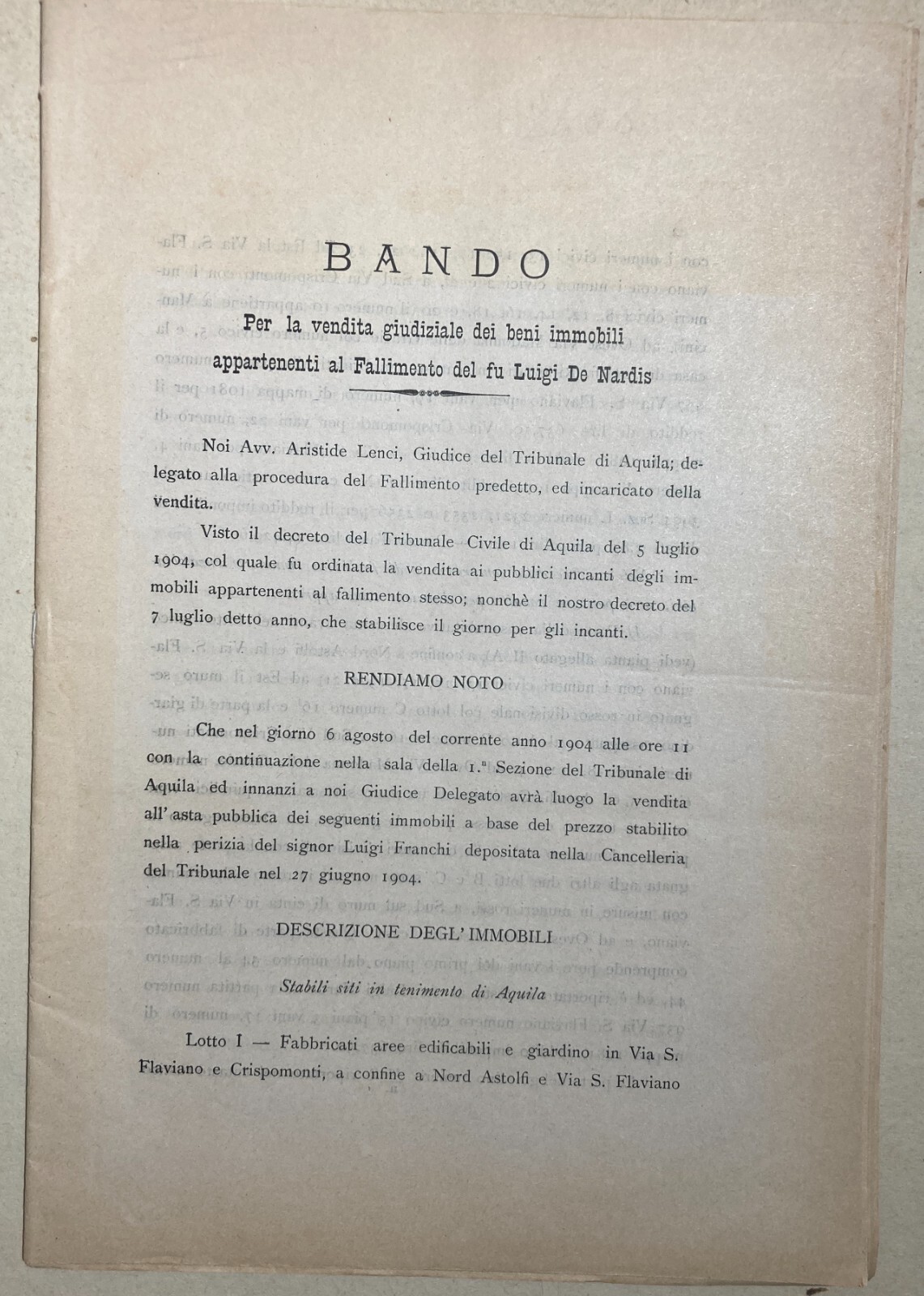 Abruzzo, Aquila, Sulmona, Paganica, Barisciano, Collebrincioni Fallimento De Nardis