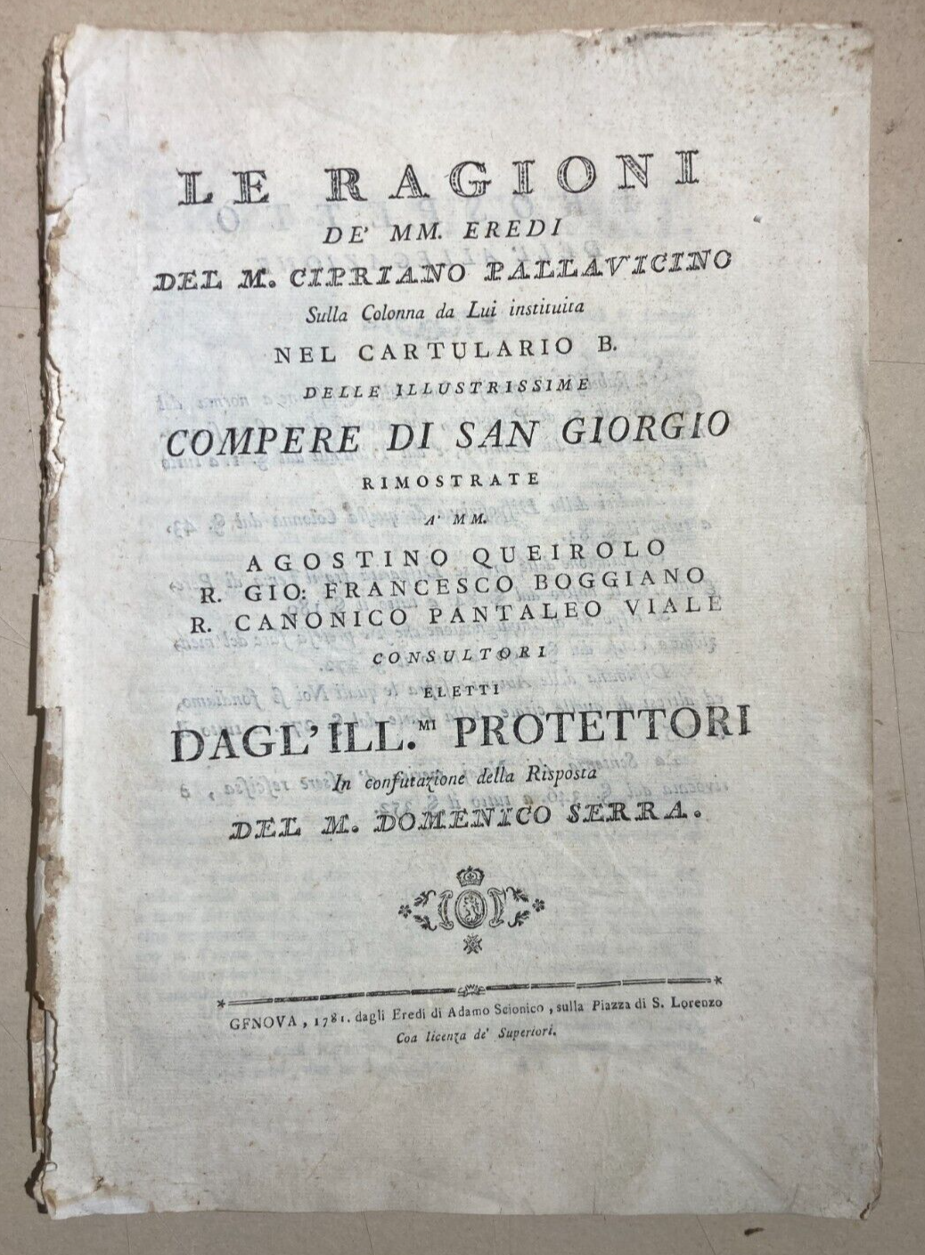 Liguria, Genova: Antica Allegazione Giuridica   Pallavicino, Queirolo, Boggiano, Viale