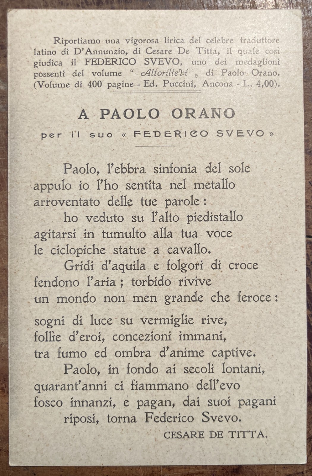 Paolo Orano. Ritratto Su Cartolina Fotografica d'Epoca, Testo Di Cesare De Titta