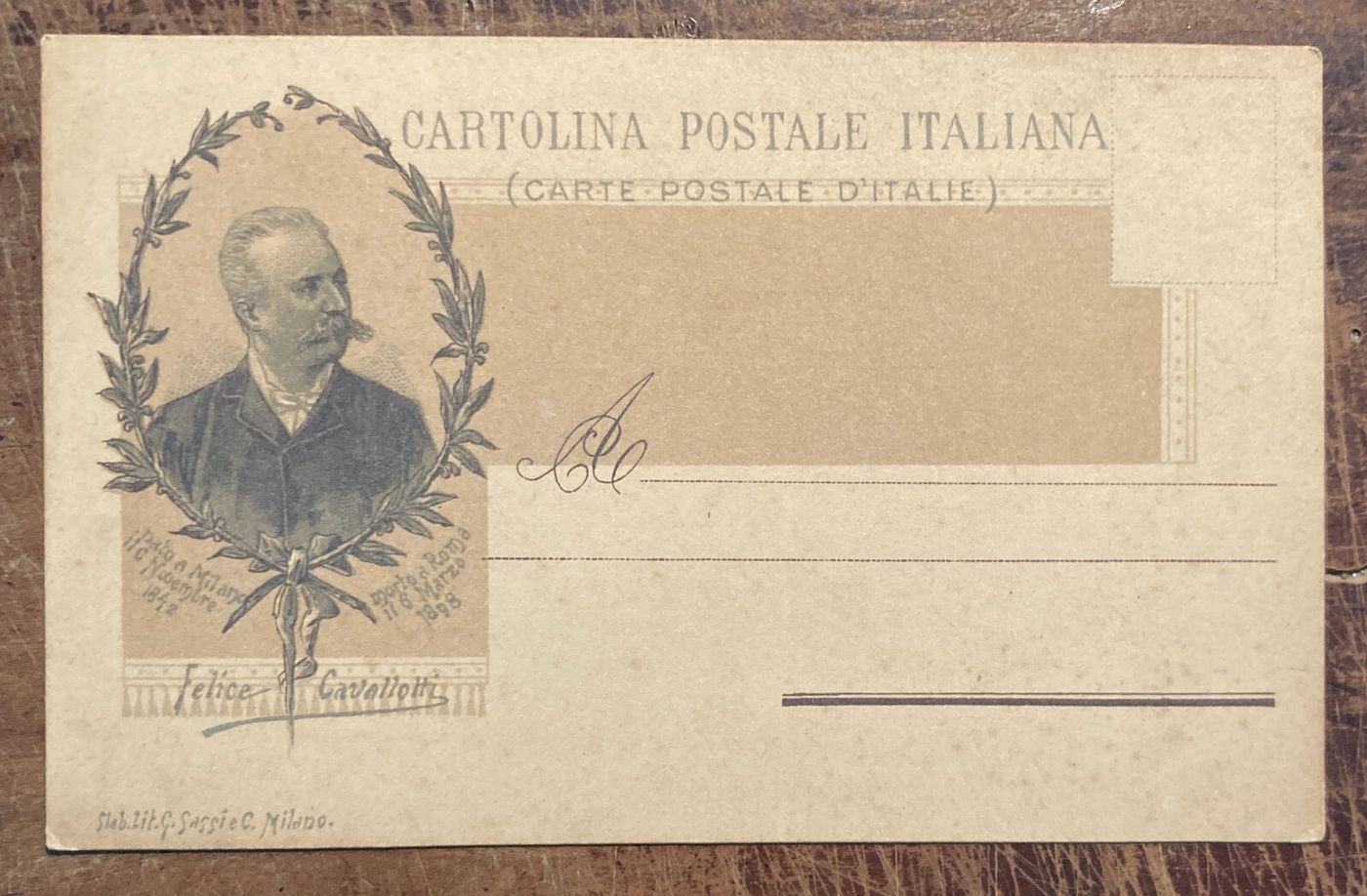 Felice Cavallotti, Ritratto d'Epoca, Cartolina Litografica Sassi, Milano