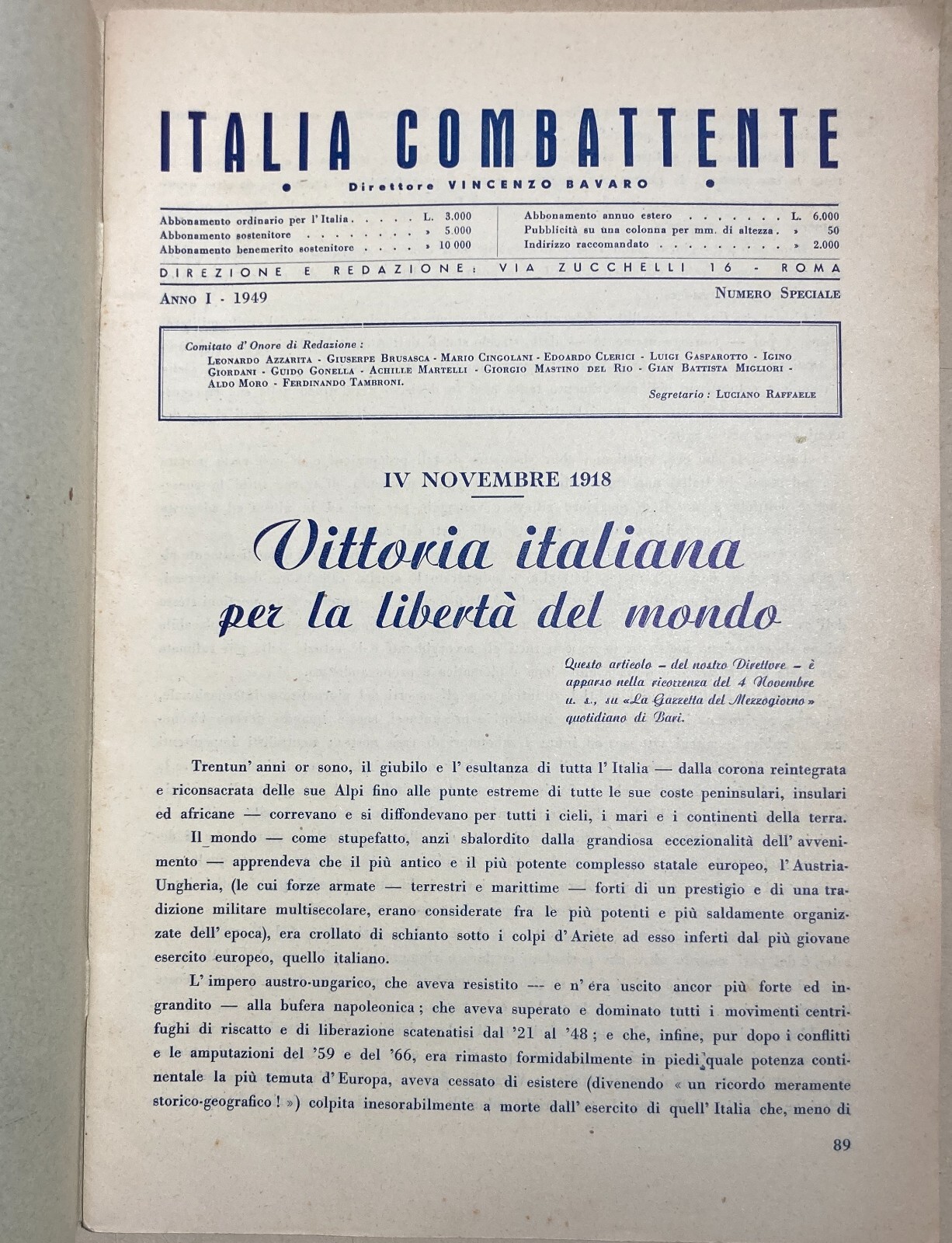 Militaria: Grande Guerra, Anniversario Vittorio Veneto. Edizione Illustrata, 1949. Bari E Roma. A Cura Di Vincenzo Bavaro