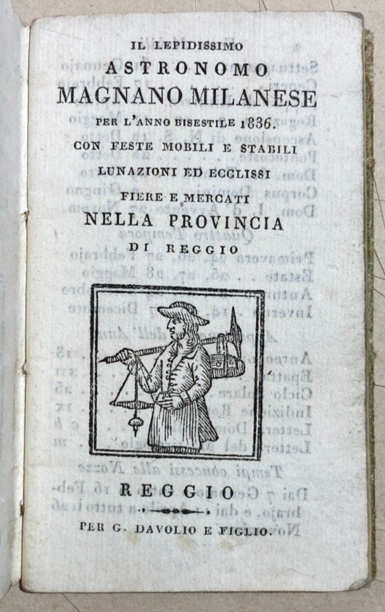 Emilia Romagna, Reggio Emilia Antico Almanacco Il Lepidissimo Astronomo, 1836 Fiere E Mercati
