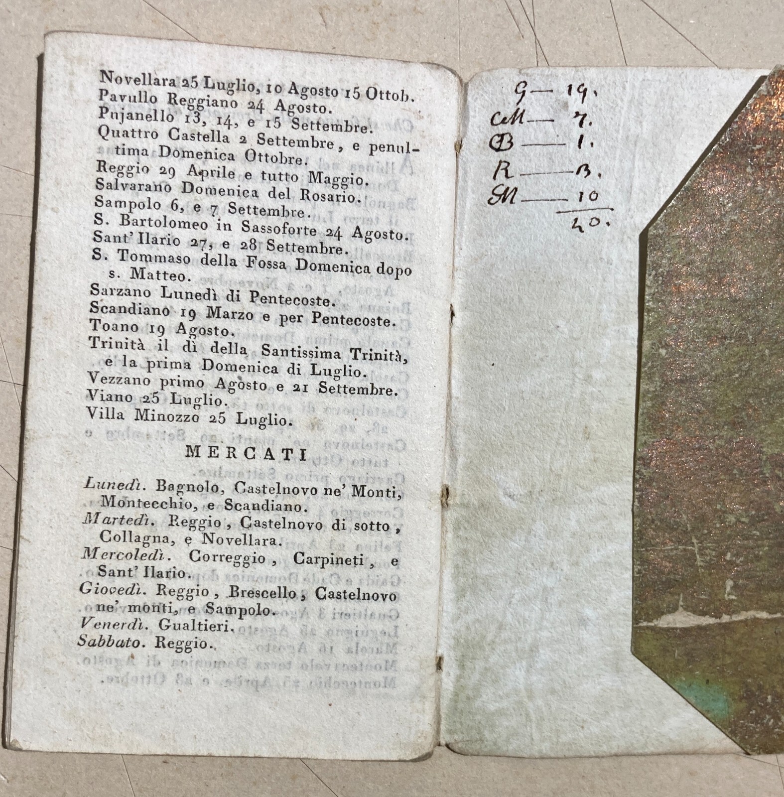 Emilia Romagna, Reggio Emilia Antico Almanacco Il Lepidissimo Astronomo, 1836 Fiere E Mercati