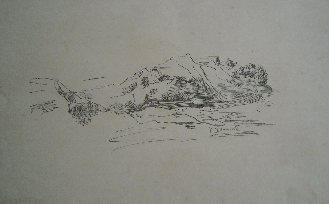 Vincenzo Gemito: Antica Stampa Di Uno Schizzo Decorativo Dell'Ottocento