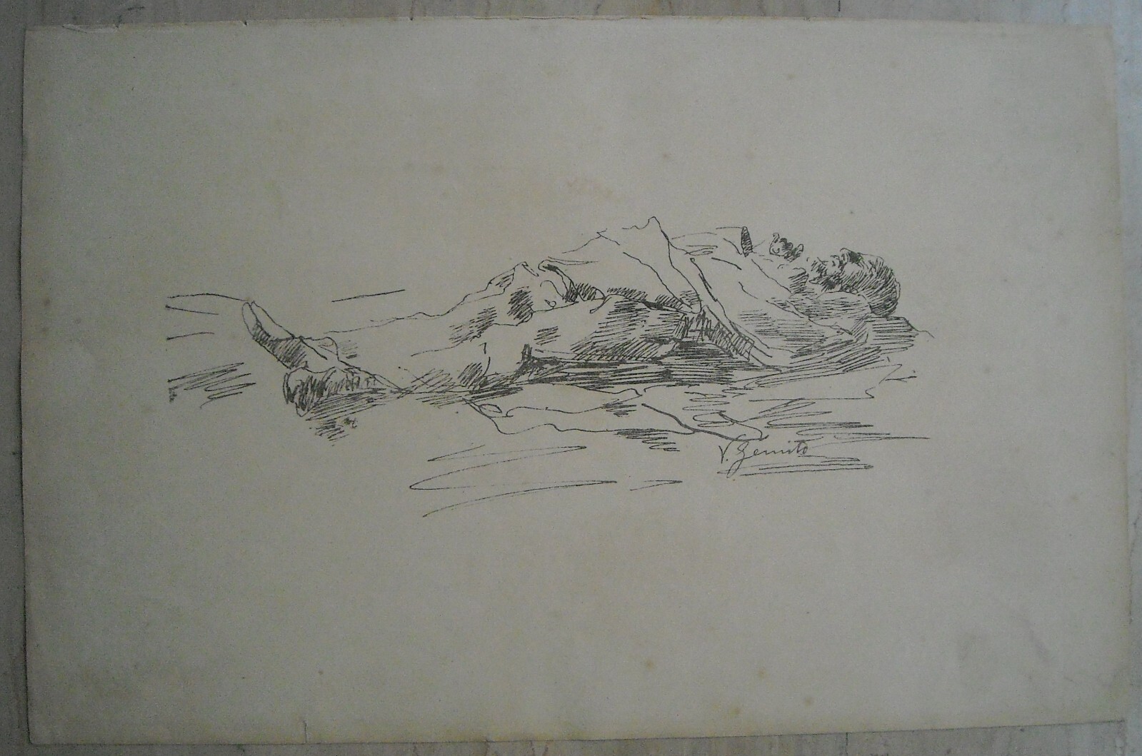Vincenzo Gemito: Antica Stampa Di Uno Schizzo Decorativo Dell'Ottocento