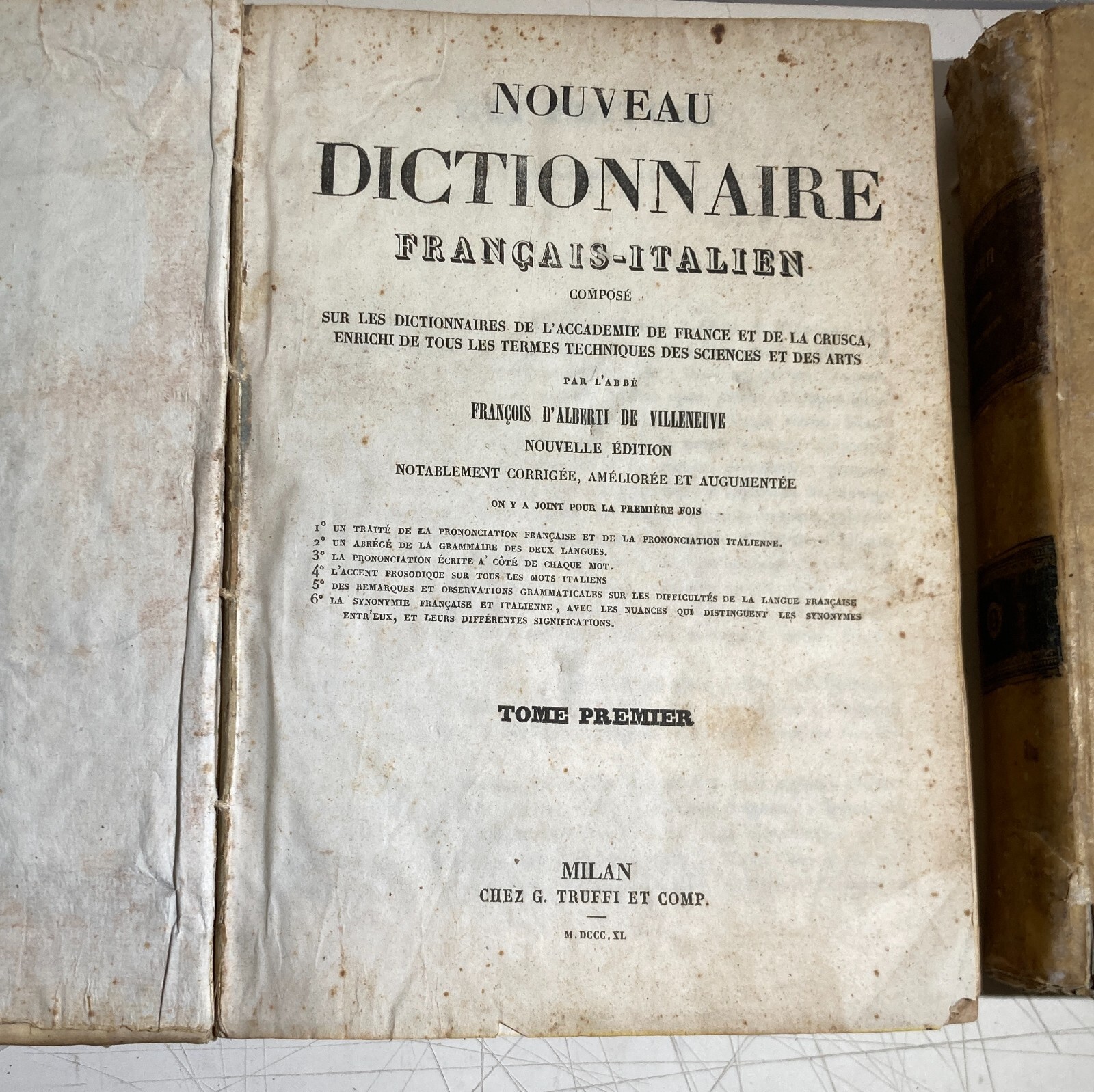 Antico Dizionario Italiano E Francese, Due Grossi Volumi, Alberti Truffi, 1840