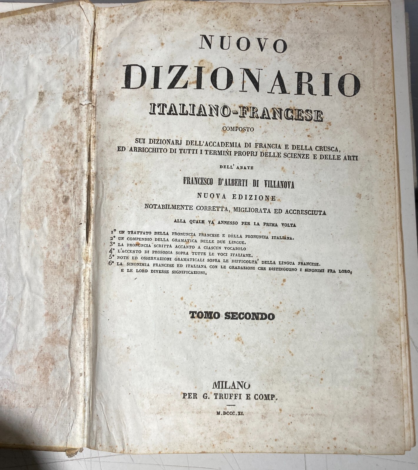 Antico Dizionario Italiano E Francese, Due Grossi Volumi, Alberti Truffi, 1840