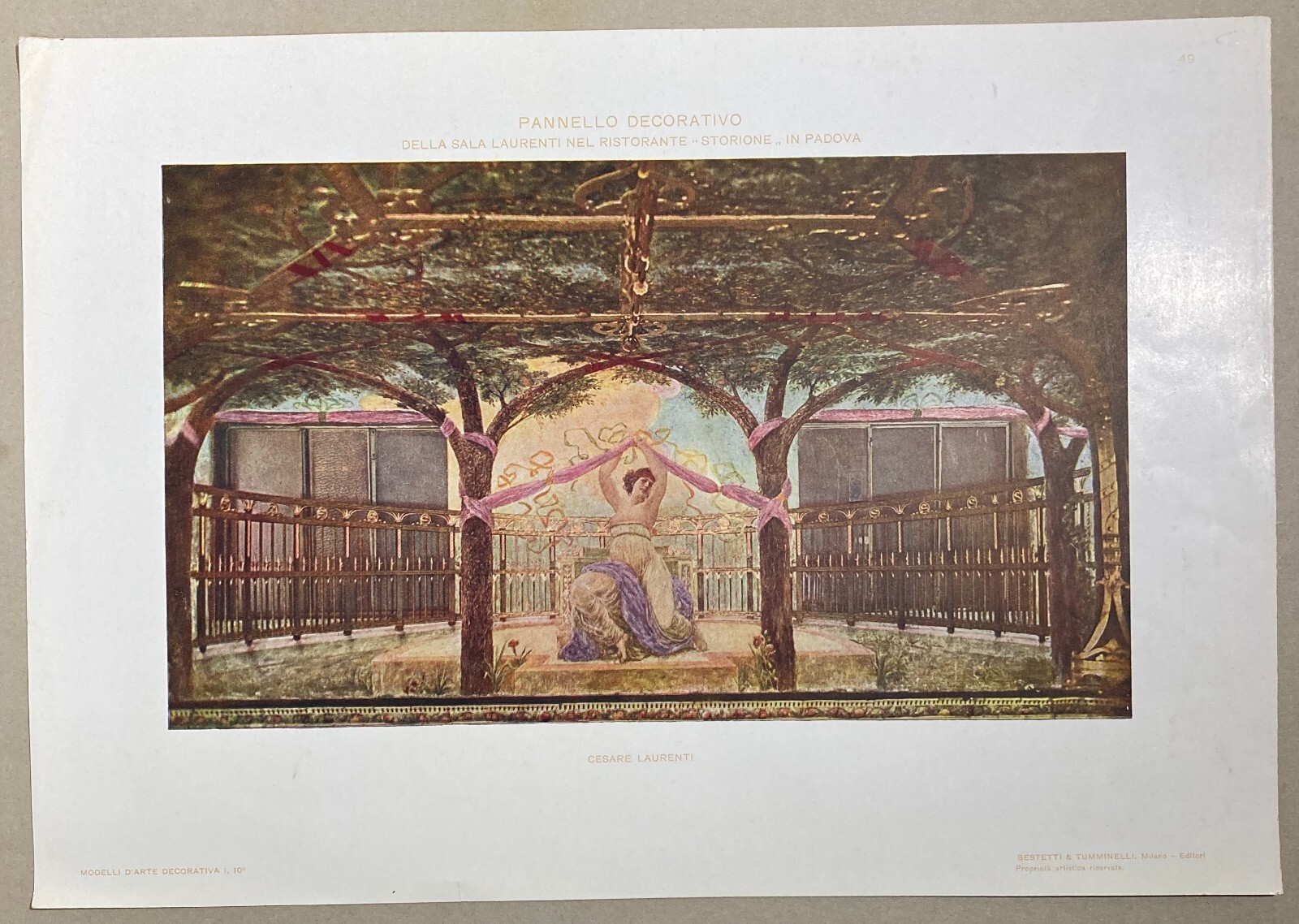 Padova: Pannello Decorativo Della Sala Laurenti Nel Ristorante Storione. Antica Stampa A Colori.