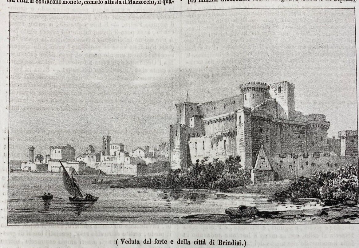 Puglia, Salento, Brindisi. Antica Veduta Litografica: Castello, Barche, Panoramica