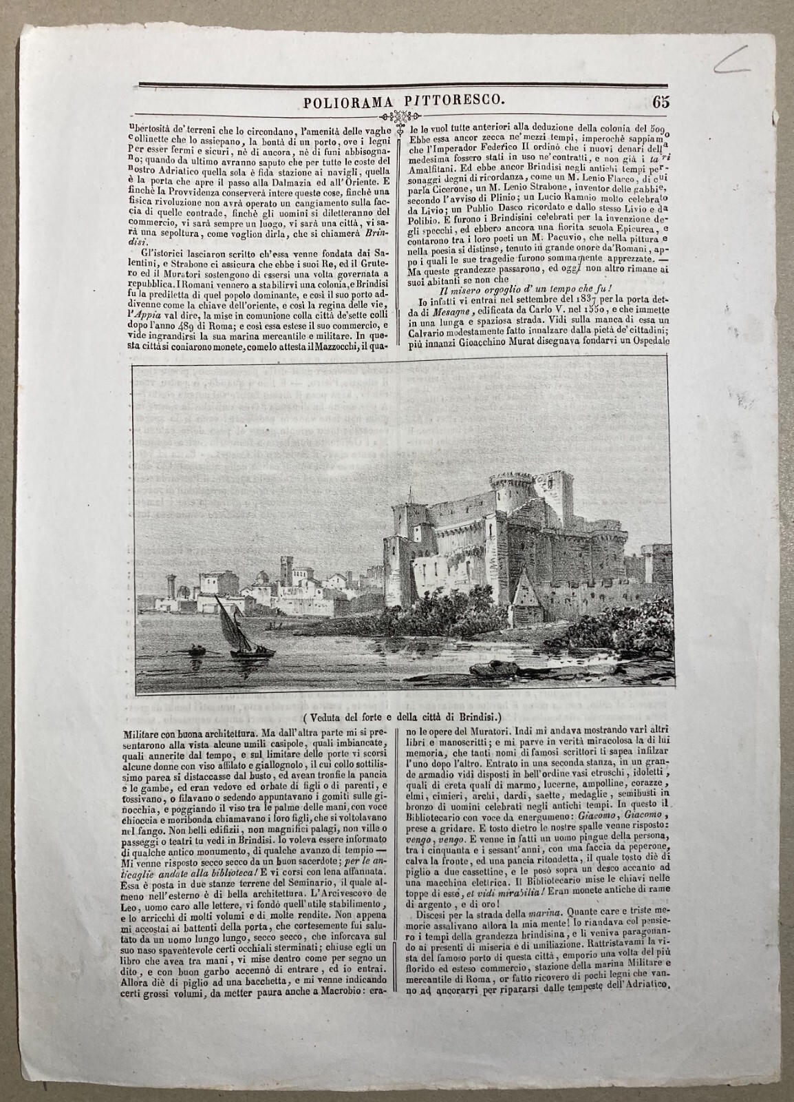 Puglia, Salento, Brindisi. Antica Veduta Litografica: Castello, Barche, Panoramica