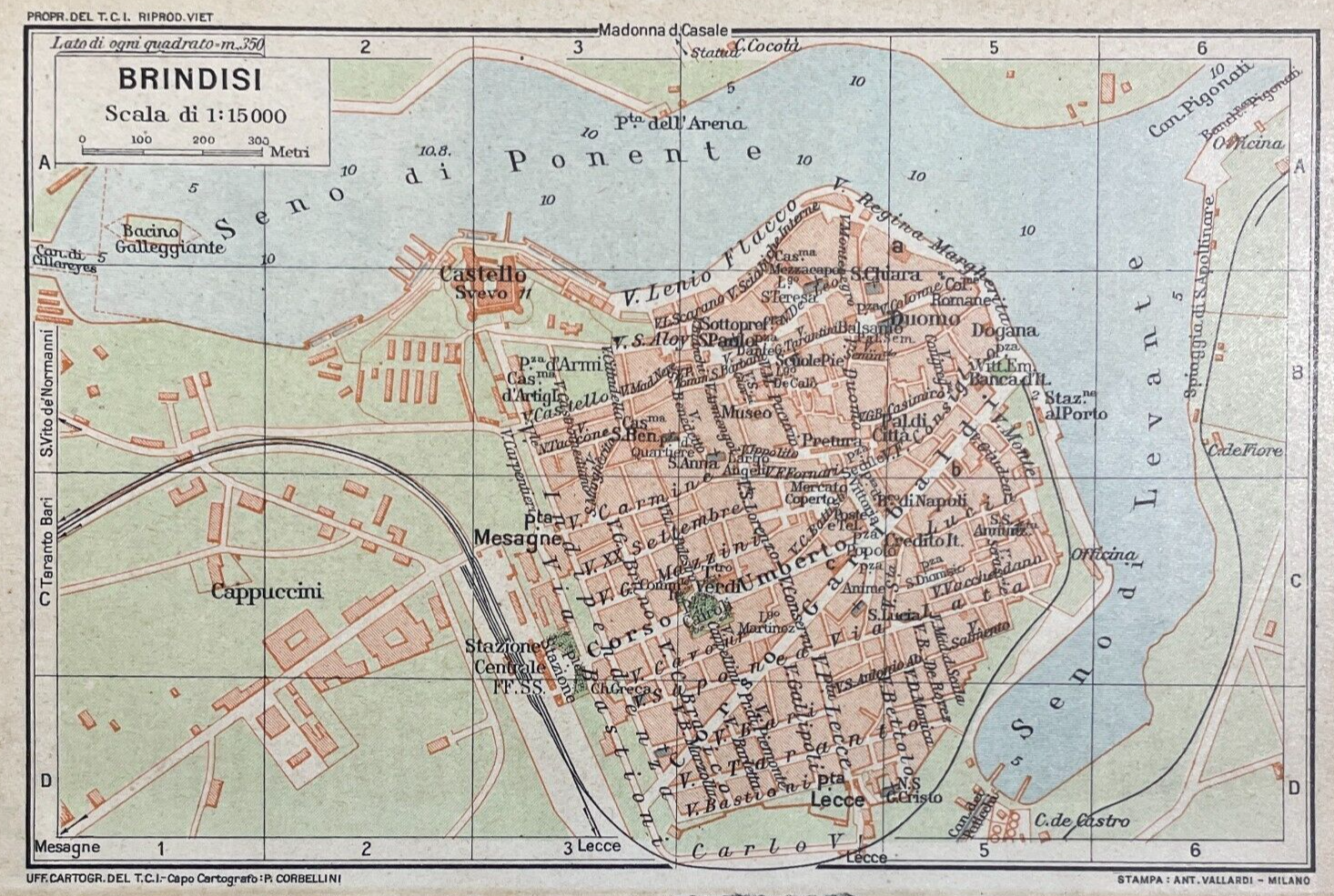 Puglia, Salento, Brindisi. Antica Mappa Topografica, Rete Viaria, Porto E Castello