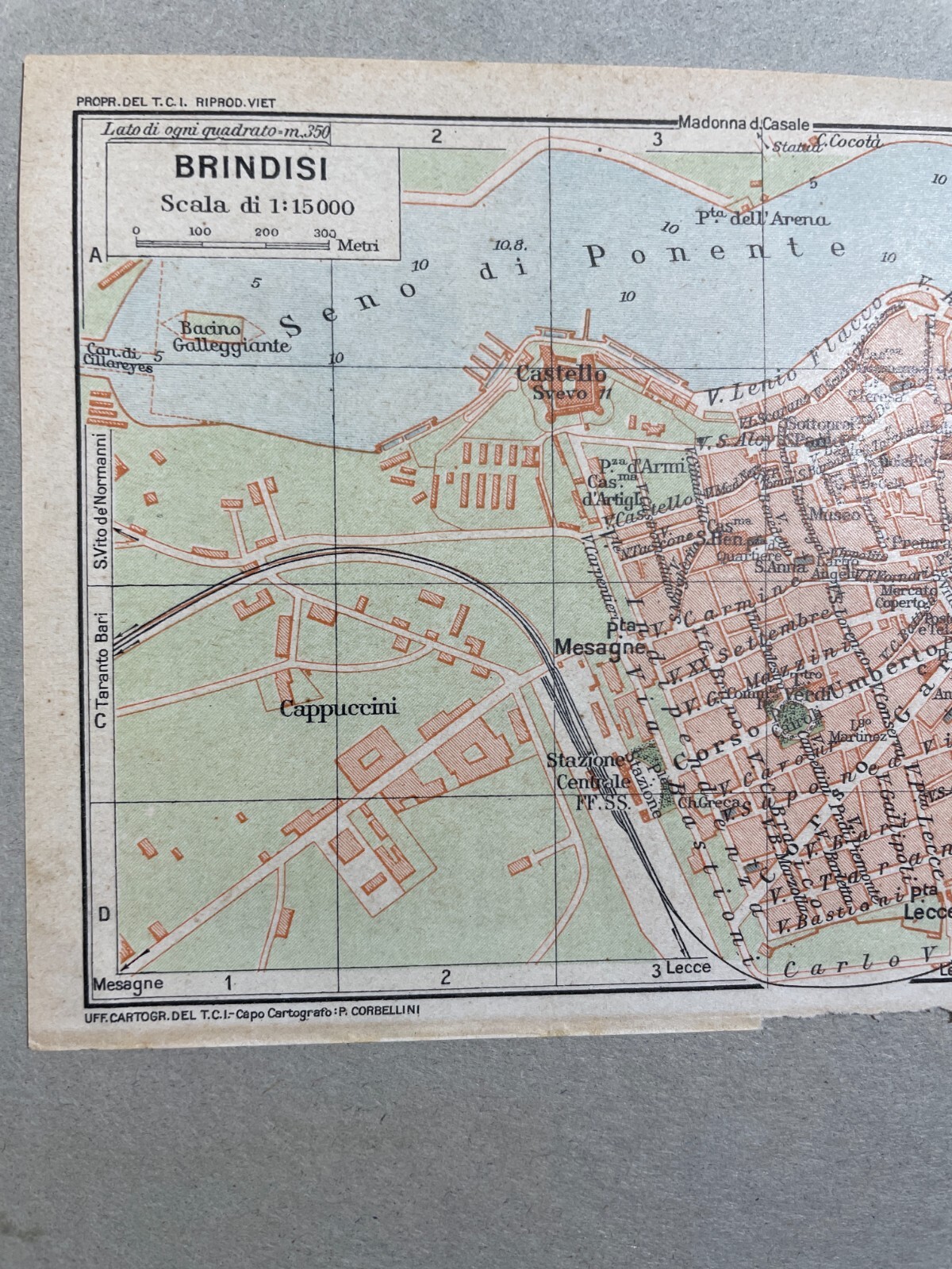 Puglia, Salento, Brindisi. Antica Mappa Topografica, Rete Viaria, Porto E Castello