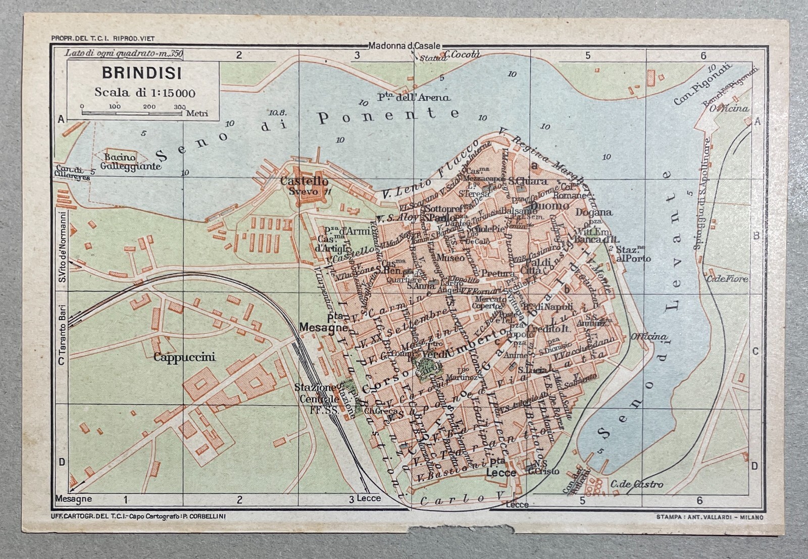 Puglia, Salento, Brindisi. Antica Mappa Topografica, Rete Viaria, Porto E Castello