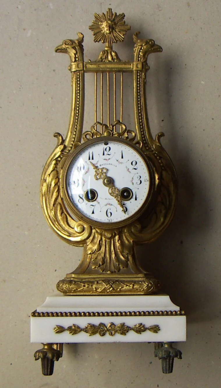 Mazzarella Clockmaking: Mantel Garniture with Lyre Clock and Candelabra