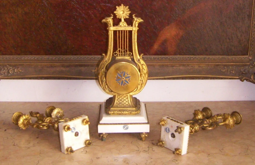 Mazzarella Clockmaking: Mantel Garniture with Lyre Clock and Candelabra