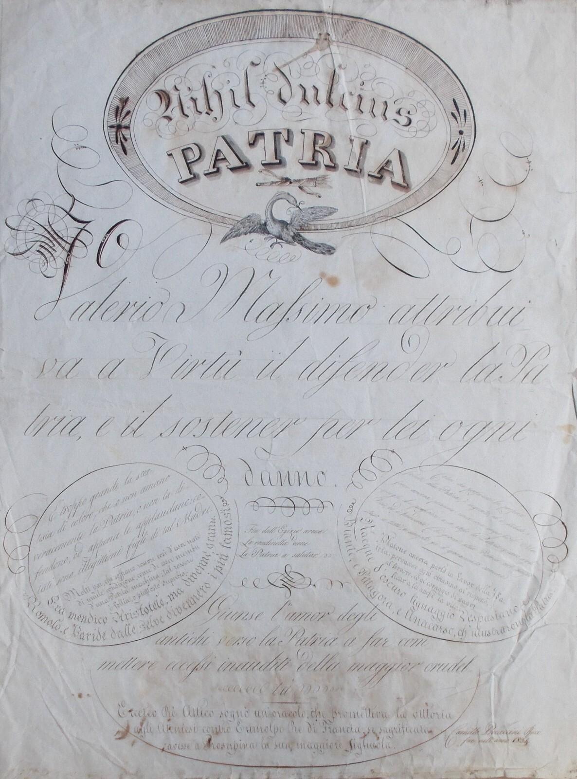 Scrittura, Calligrafia E Motti Patriottici: Rarità Calligrafica Di Camillo Procaccini Ricci