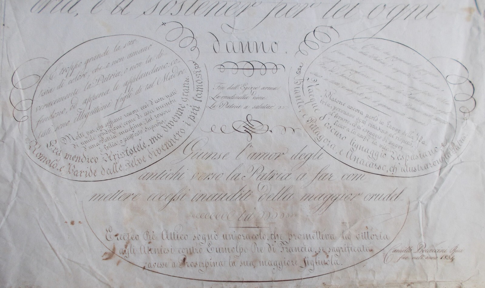 Scrittura, Calligrafia E Motti Patriottici: Rarità Calligrafica Di Camillo Procaccini Ricci