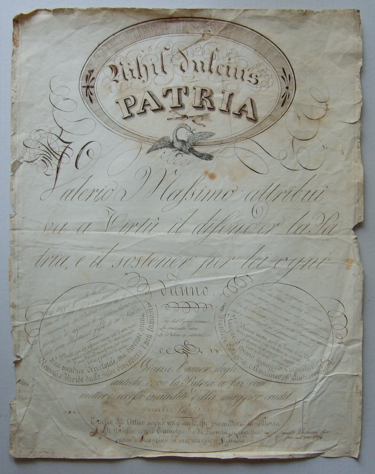 Scrittura, Calligrafia E Motti Patriottici: Rarità Calligrafica Di Camillo Procaccini Ricci