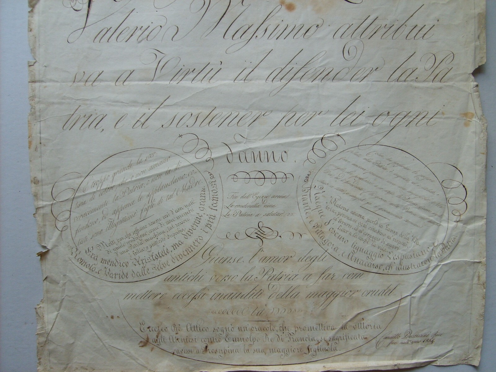 Scrittura, Calligrafia E Motti Patriottici: Rarità Calligrafica Di Camillo Procaccini Ricci