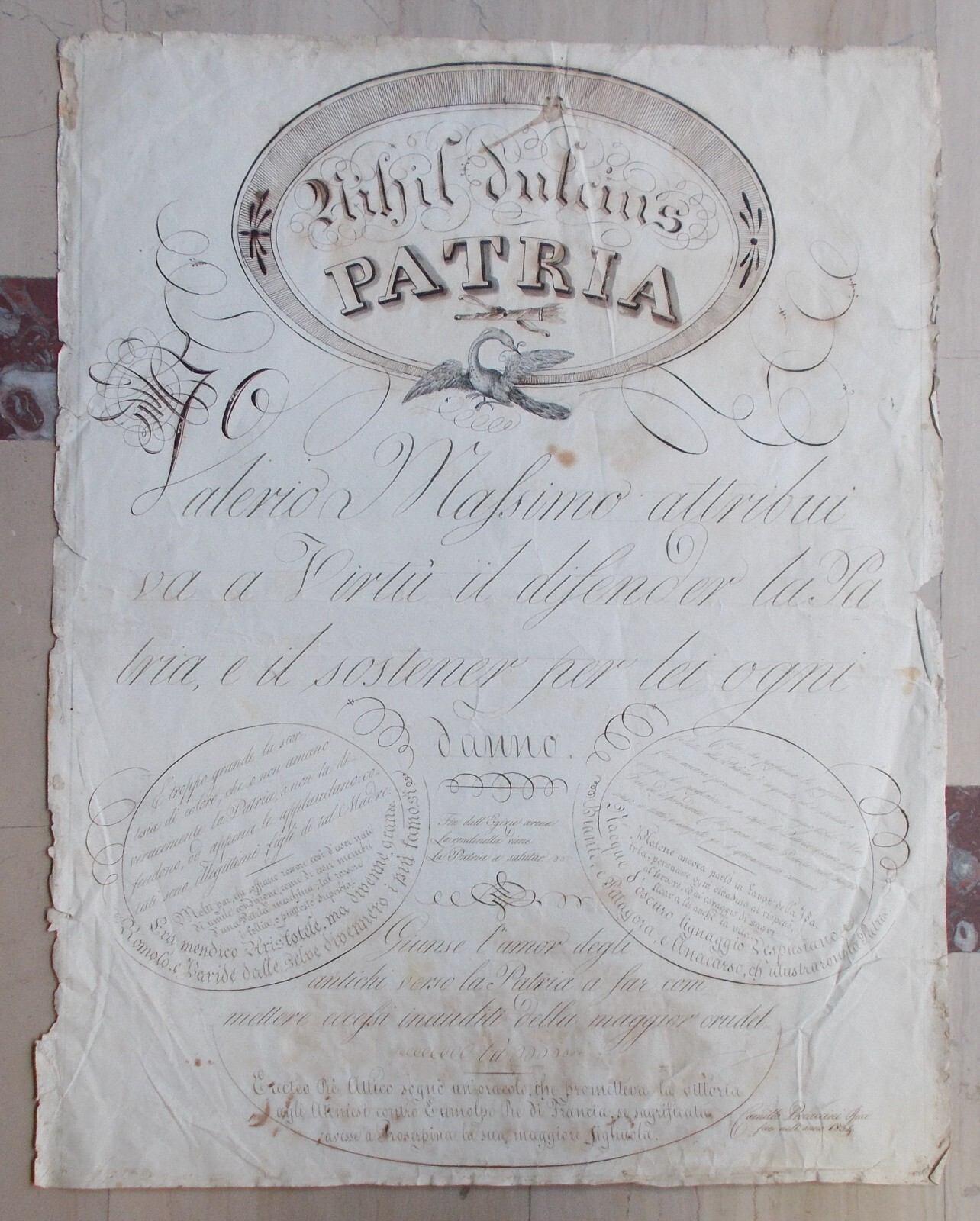 Scrittura, Calligrafia E Motti Patriottici: Rarità Calligrafica Di Camillo Procaccini Ricci