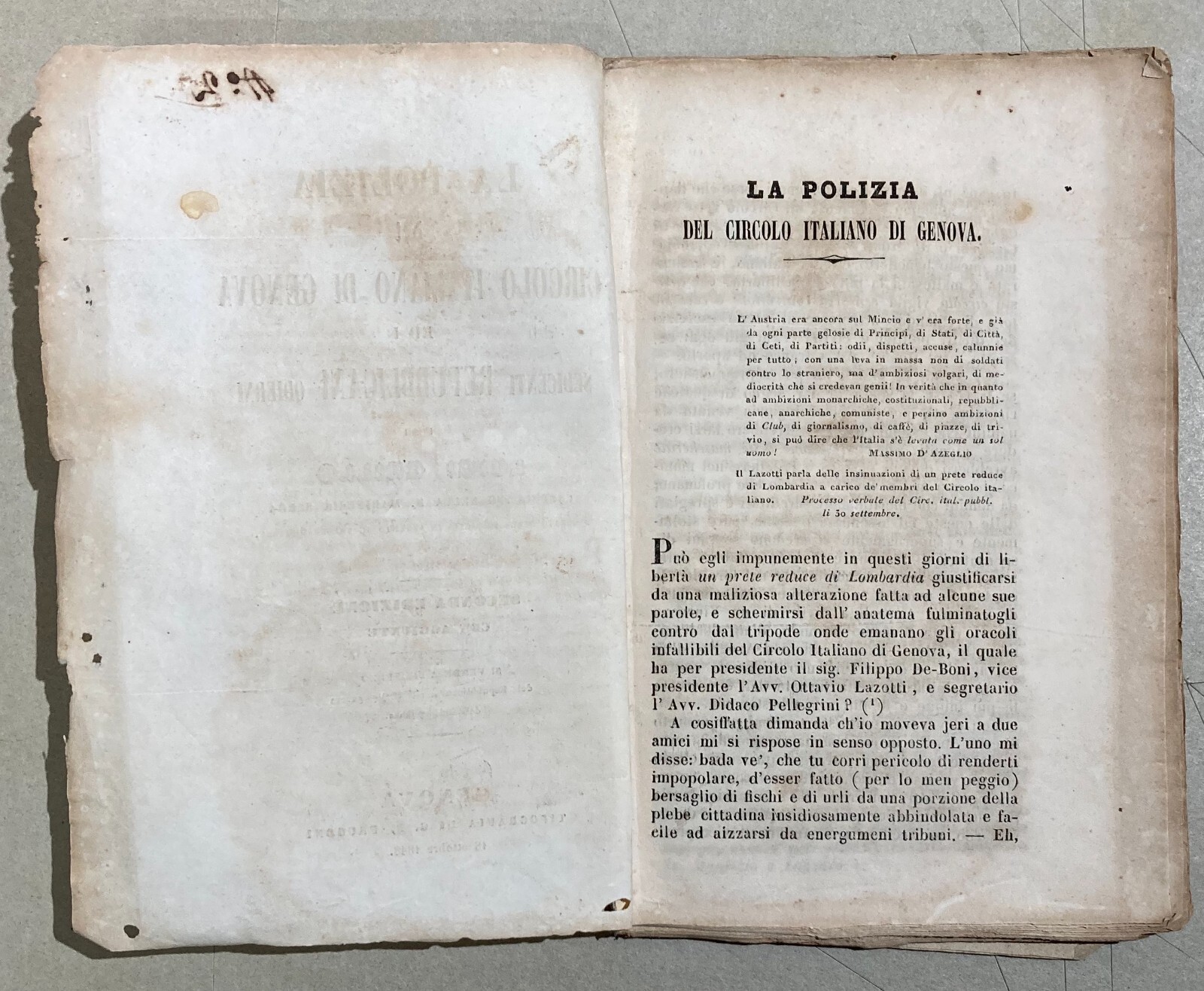 Liguria, Genova, Risorgimento: Circolo Italiano, Luigi Grillo, Fusinato, 1848   Rarità
