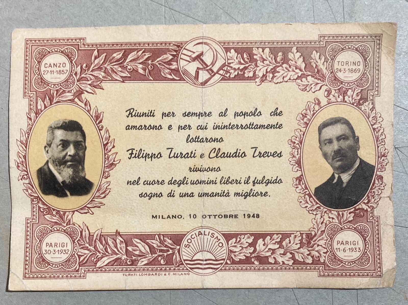 Politica, Socialismo, Turati, Treves: Cartolina Pubblicitaria Del 1948 Con Ritratti