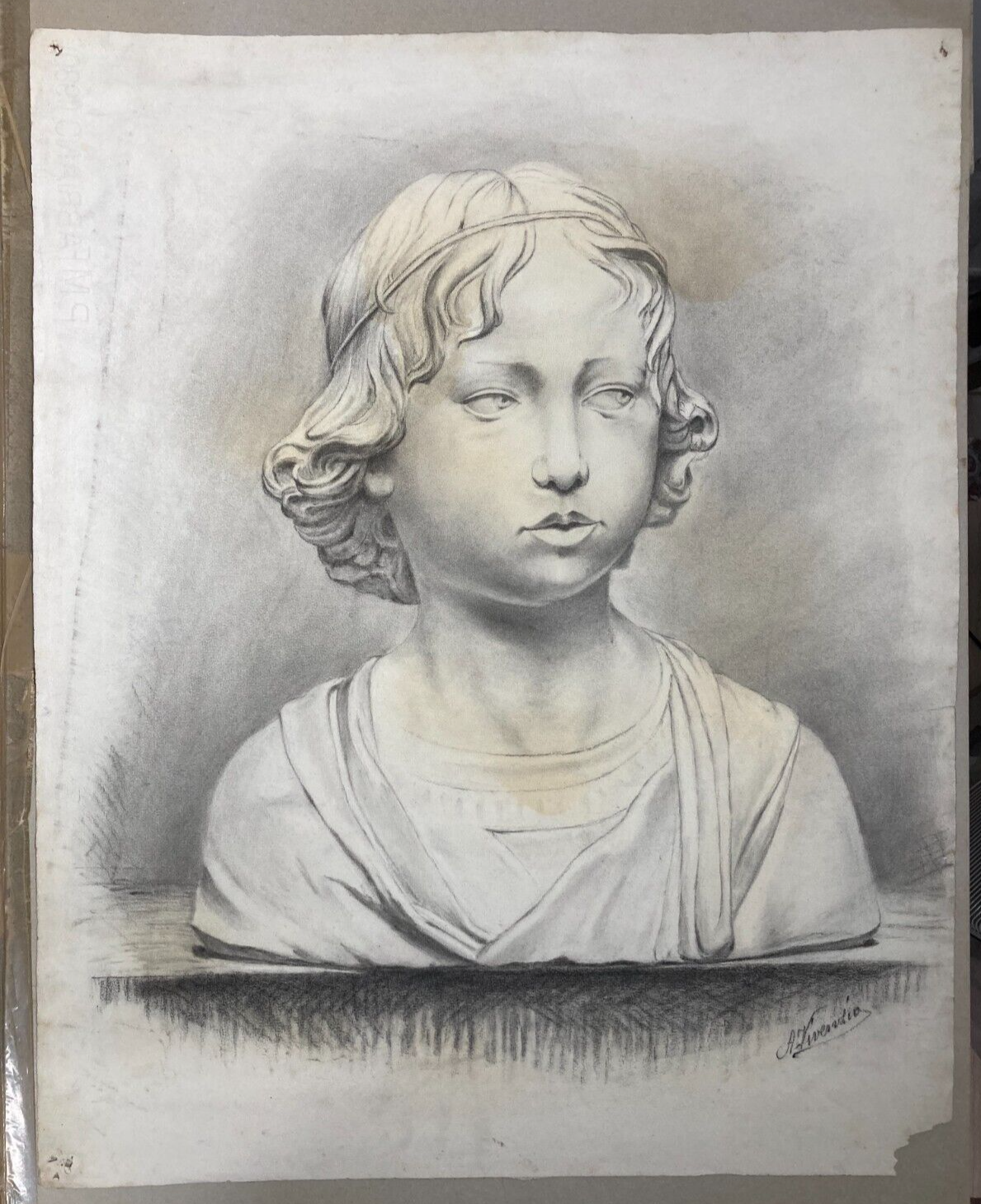 Arte, Scultura, Ritratto Di Giovinetto, Antico Disegno A Carboncino, Firma Vivenzio