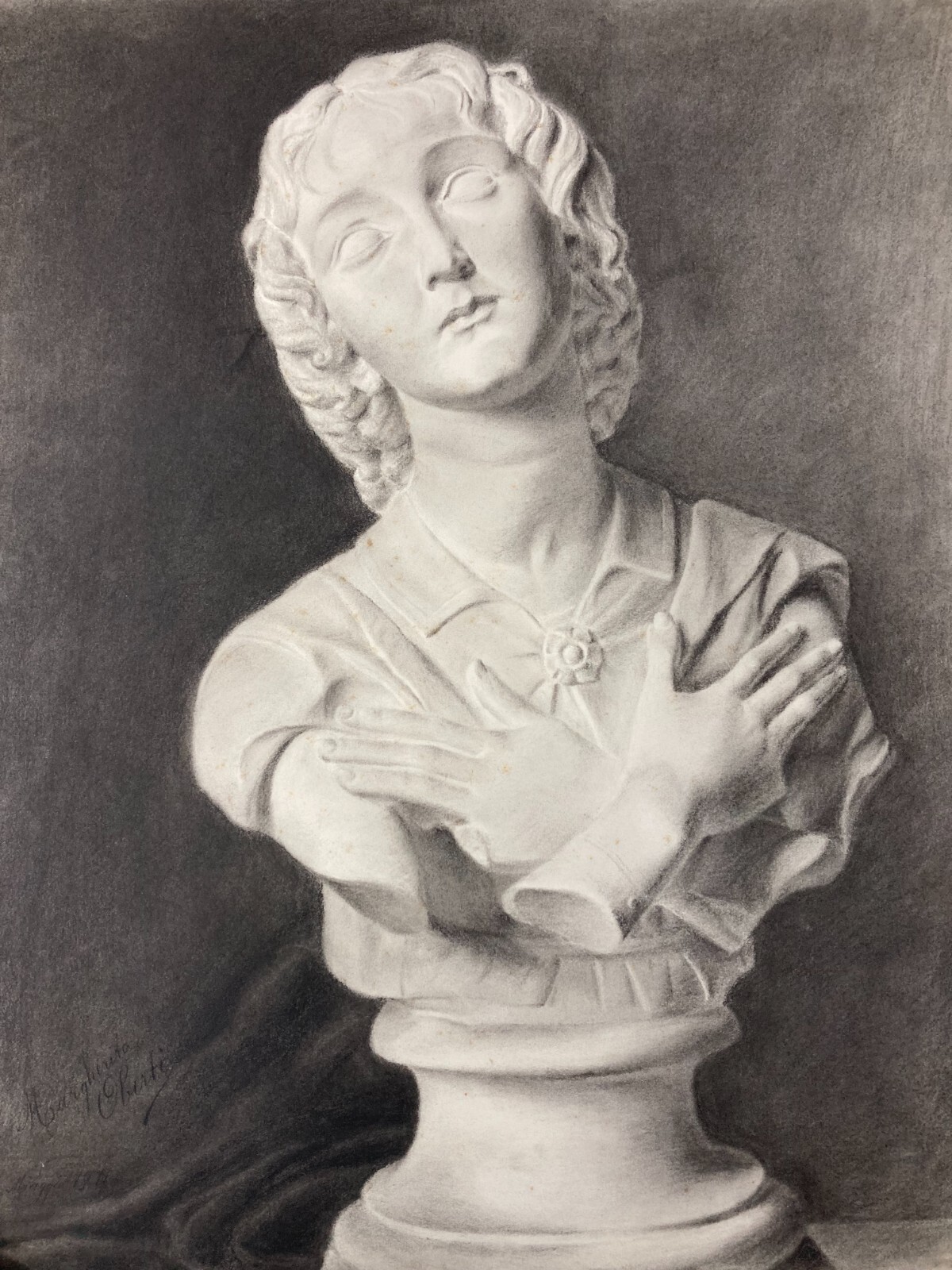 Arte, Scultura, Busto O Erma, Antico Disegno A Carboncino, Margherita Oberti, Figura Devozionale