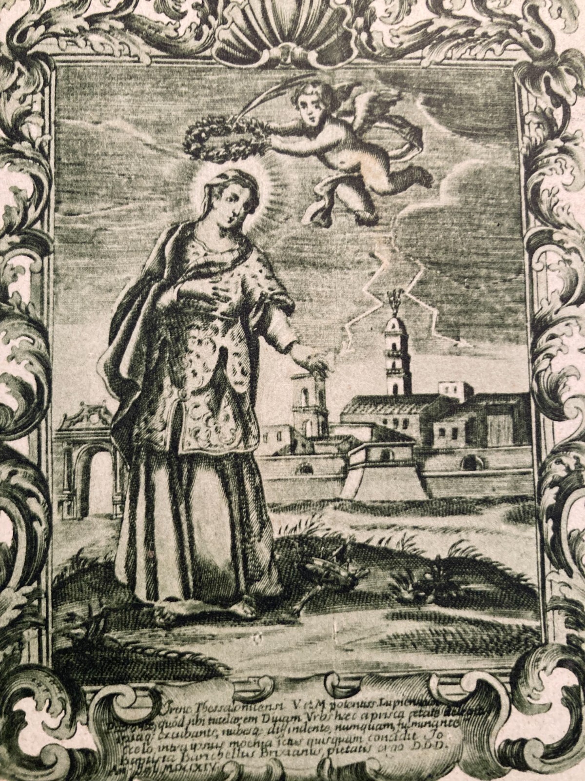 Antica Stampa Popolare Devozionale: Santa Irene, Protettrice Di Lecce, Contro I Fulmini, 1933